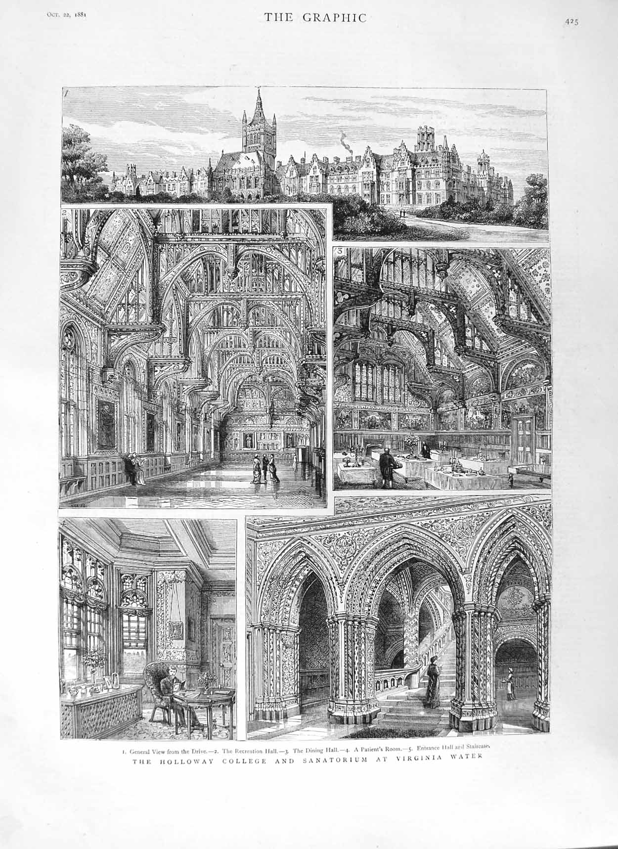 Original Old Antique Print 1881 Holloway College Sanatorium Virgini Victorian