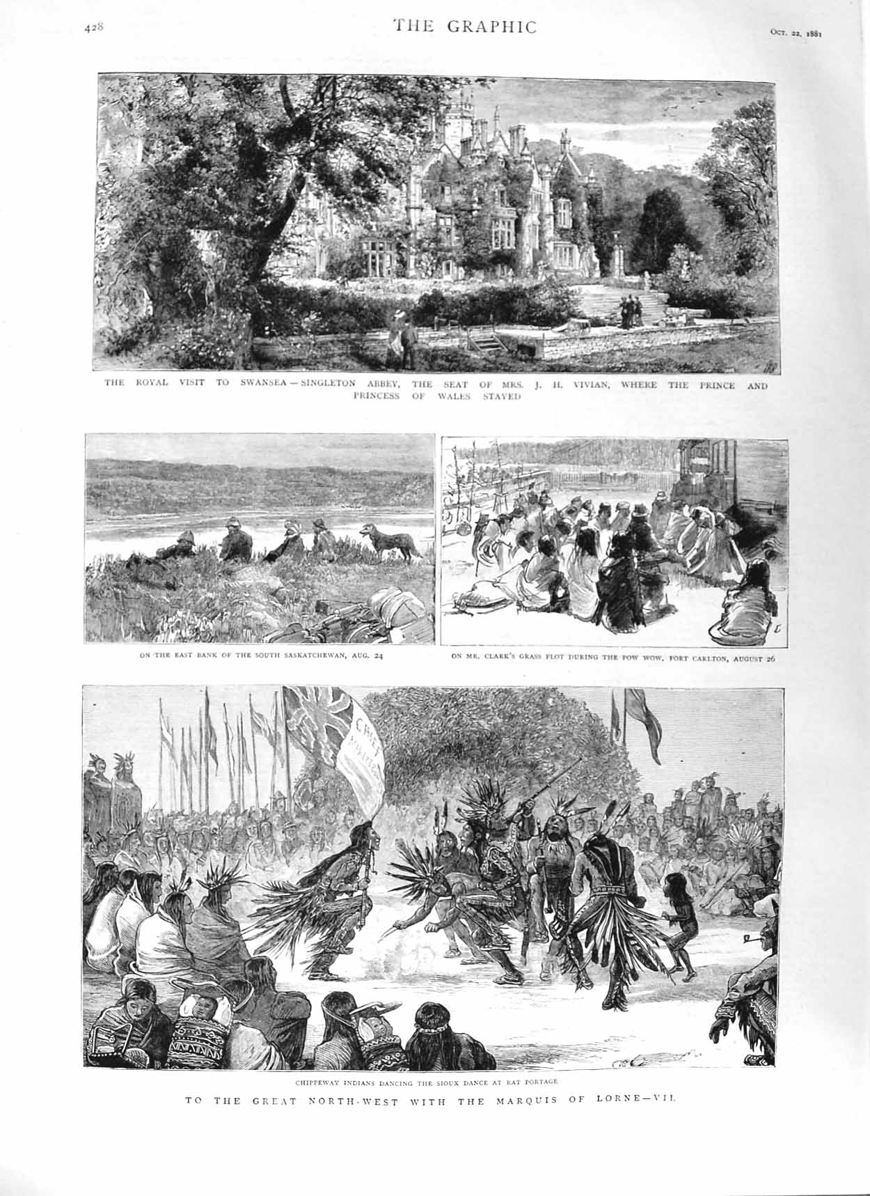 Original Old Antique Print 1881 Swansea Singleton Abbey Marquis Lorne Indians