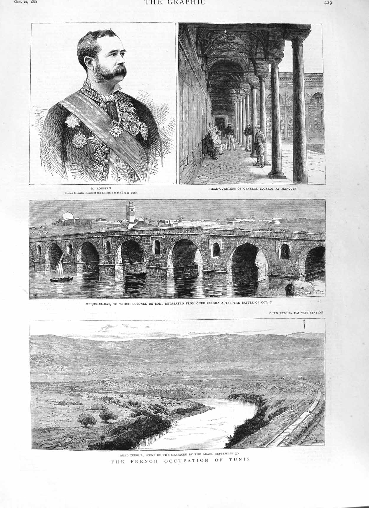 Original Old Antique Print 1881 Roustan Tunis Zergha Manouba Medjez-El-Bab War