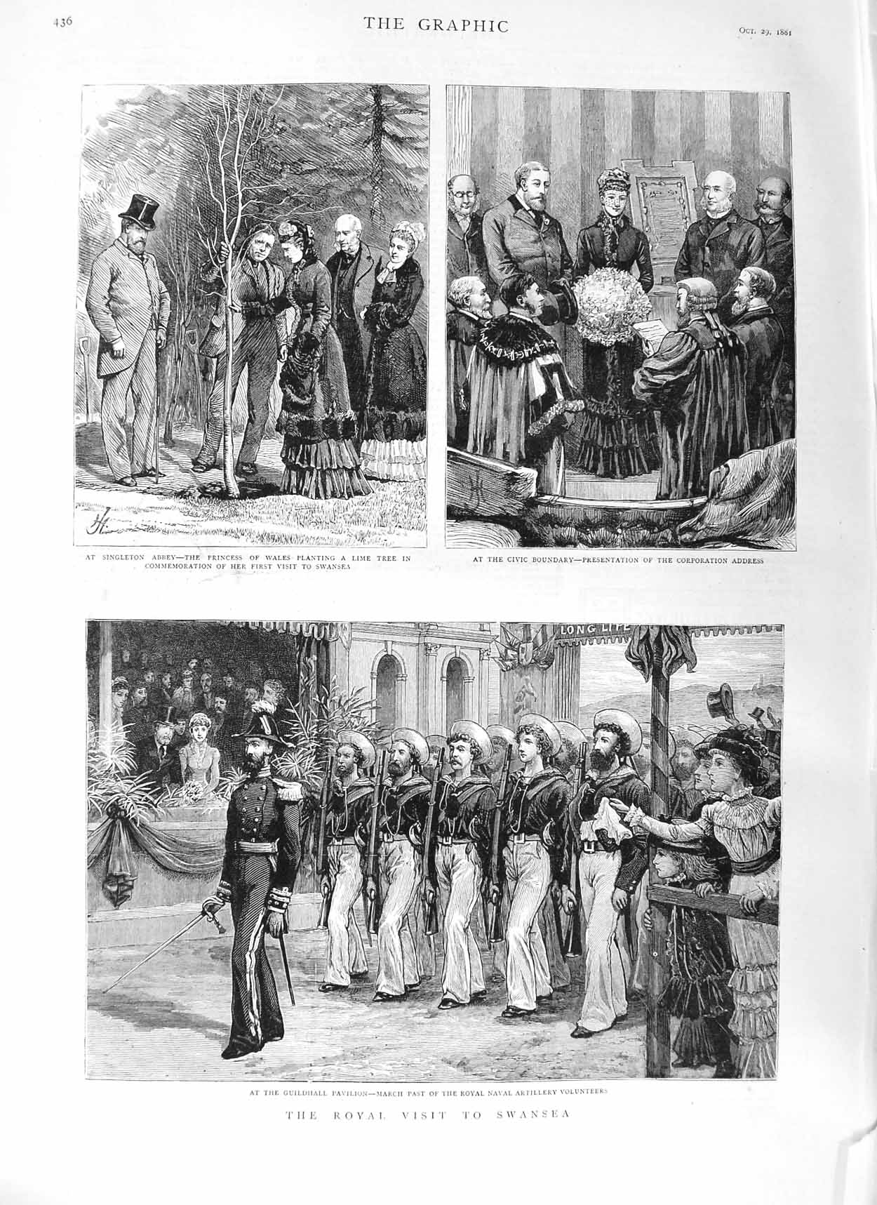 Original Old Antique Print 1881 Swansea Princess Wales Guildhall Pavilion Navy
