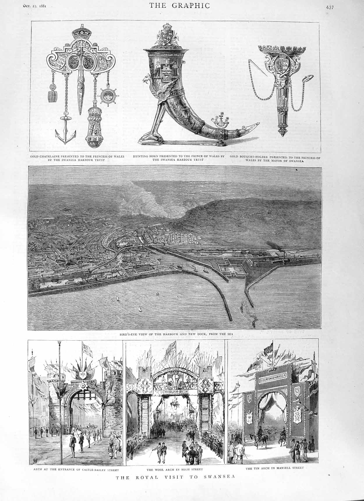 Original Old Antique Print 1881 Swansea Harbour Prince Wales Tin Arch Wo 19th