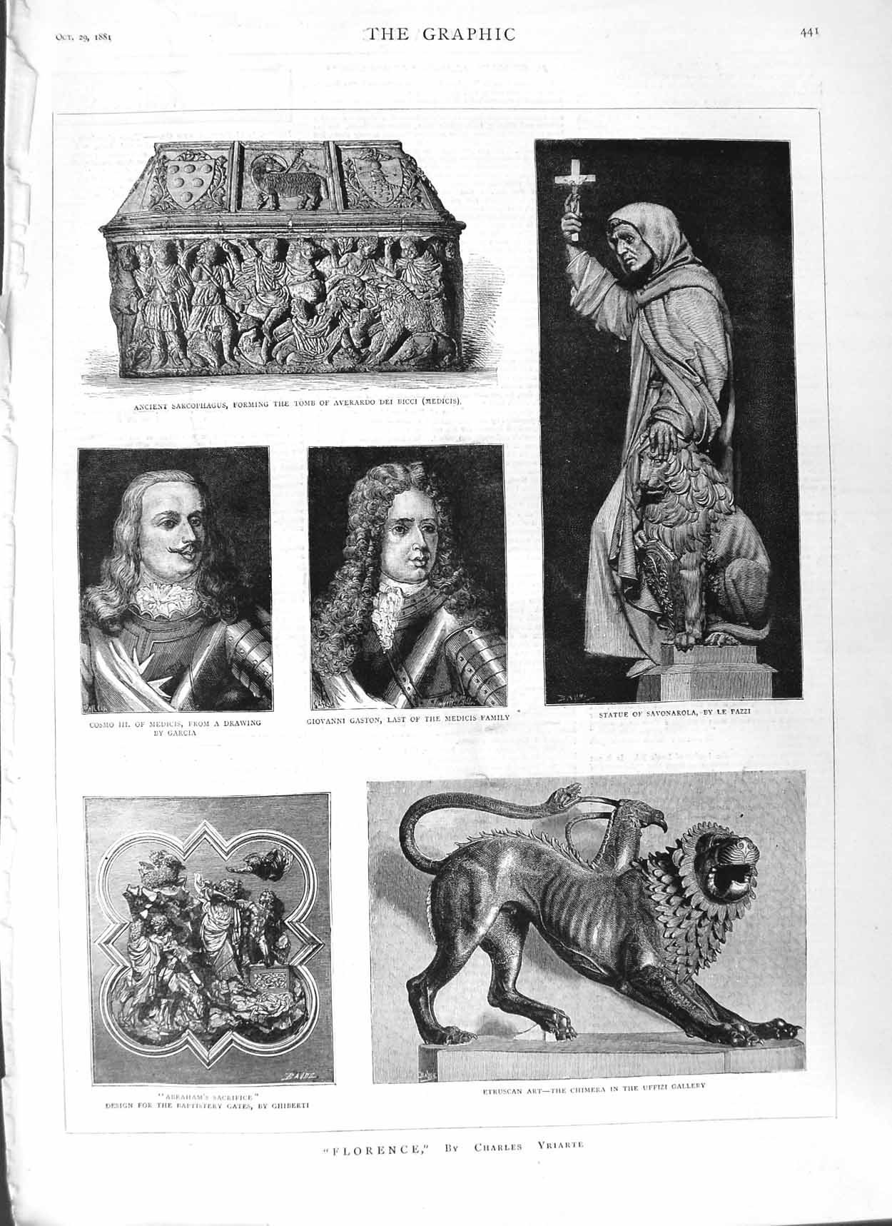 Original Old Antique Print 1881 Gaston Medicis Savonarola Archaeology Florence