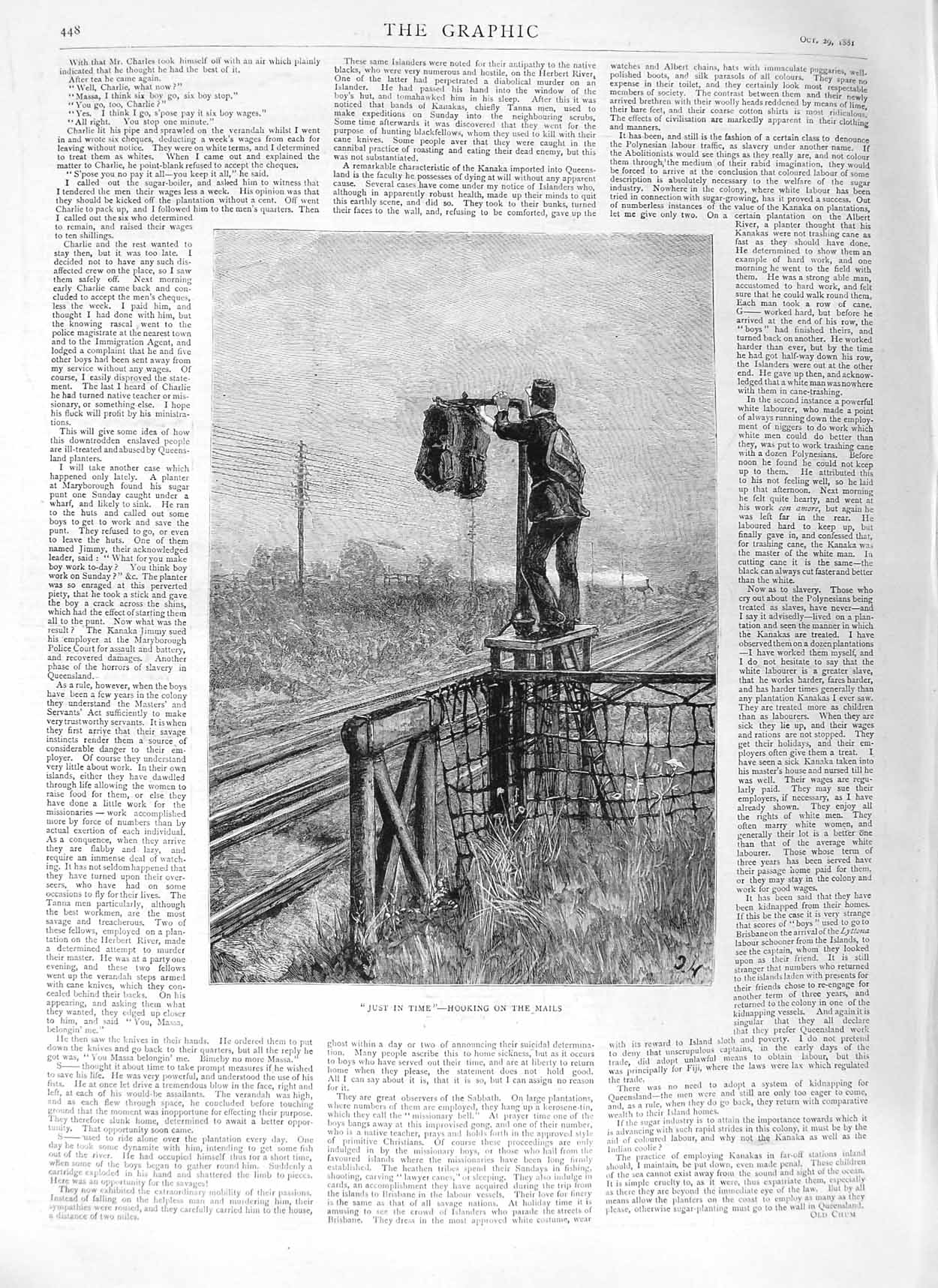 Original Old Antique Print 1881 Man Mail Bag Train Railway Fine Art Victorian