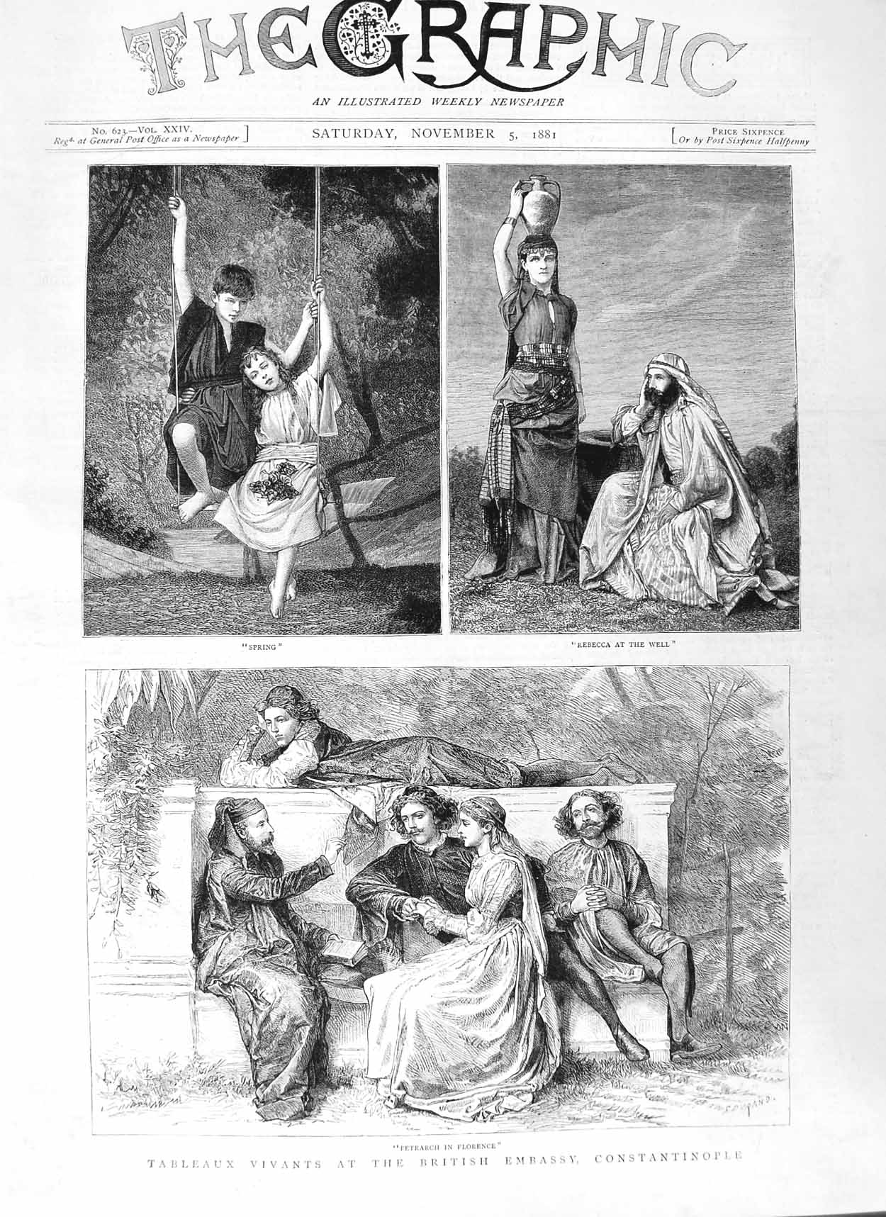 Original Old Antique Print 1881 Tableaux Vivants British Embassy Constantinople