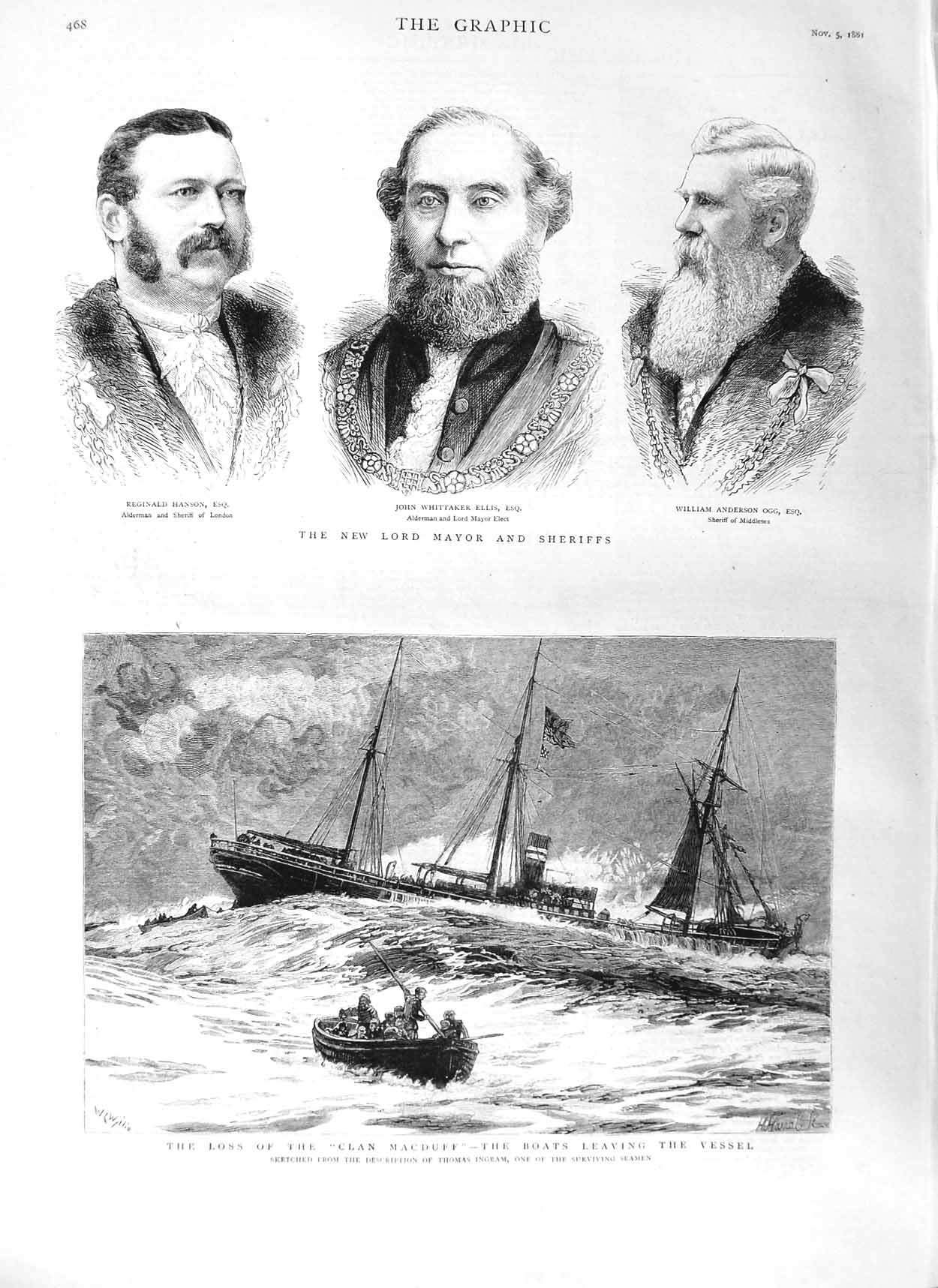 Old Antique Print 1881 Ship Clan Macduff Hanson Whittaker Anderson Mayor 19th