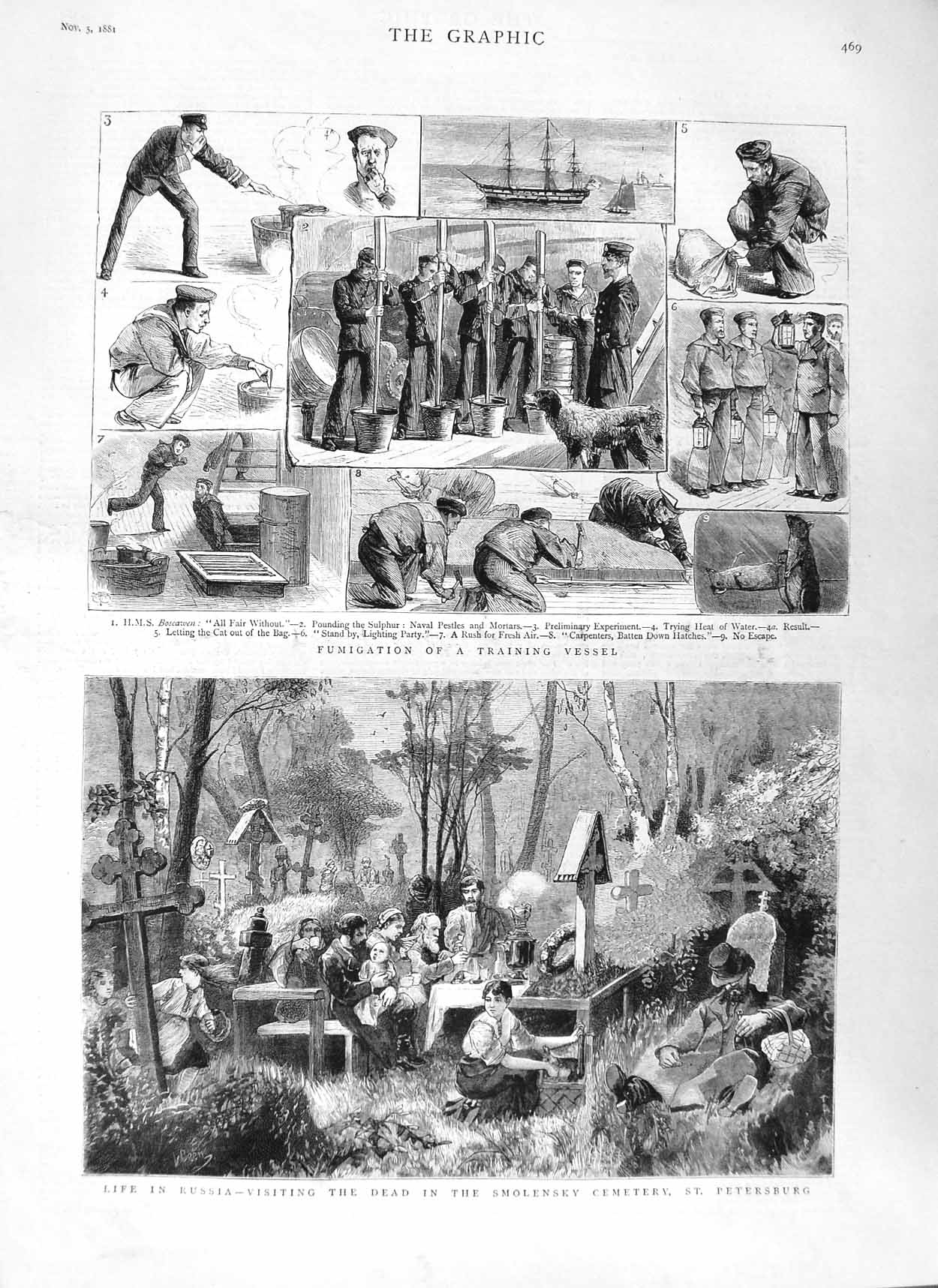Old Antique Print 1881 Russia Smolensky Cemetery Petersburg Ship Boscawen 19th