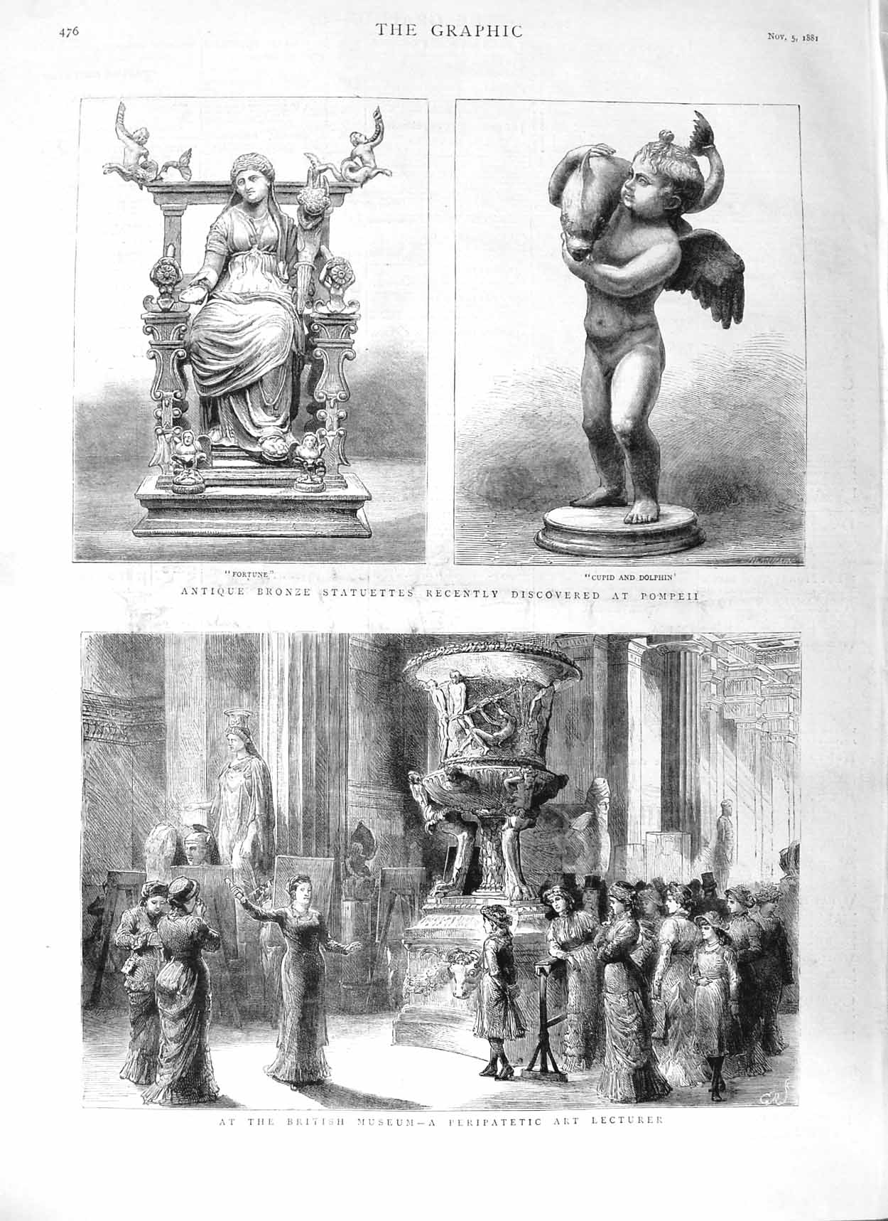 Old Antique Print 1881 Bronze Statuettes Cupid Pompeii British Museum Art 19th