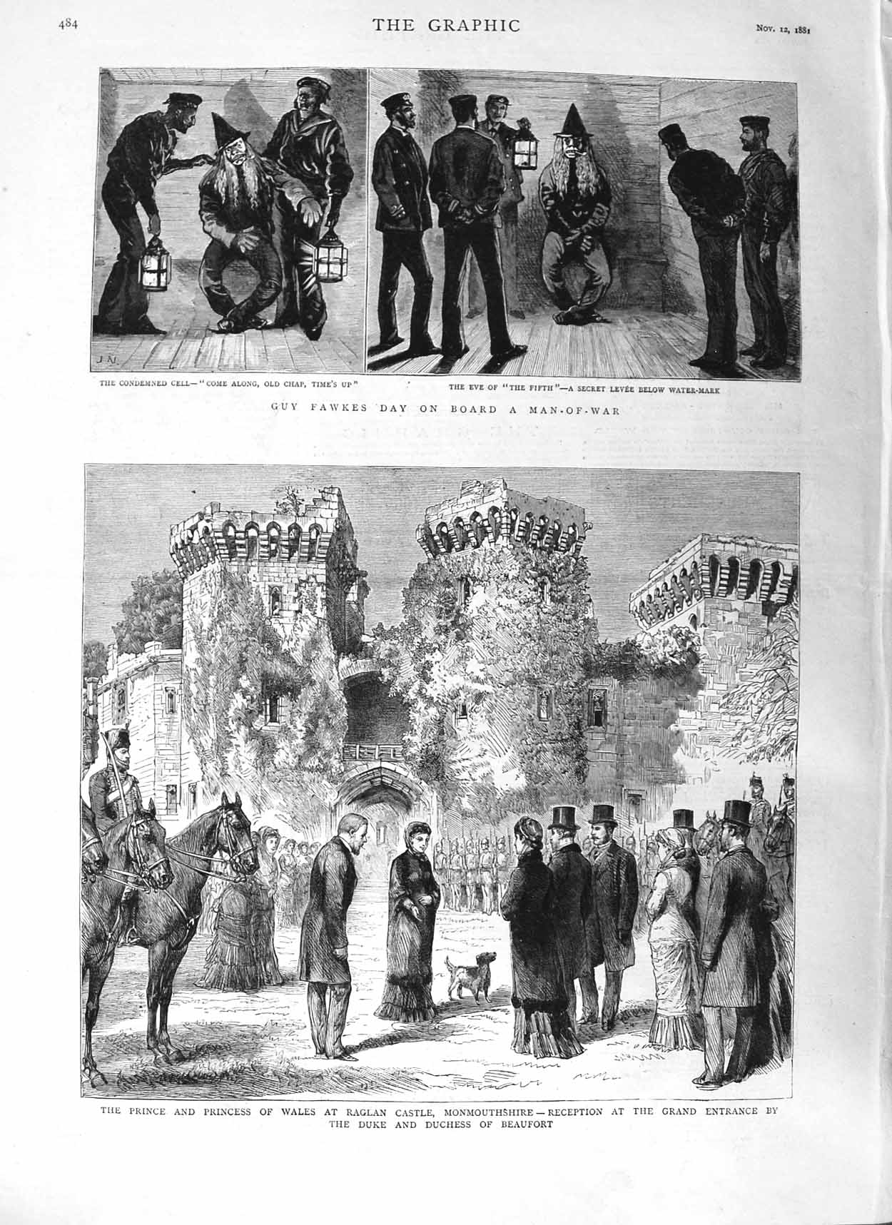 Original Old Antique Print 1881 Guy Fawkes Ship Prince Wales Raglan Castle Duke