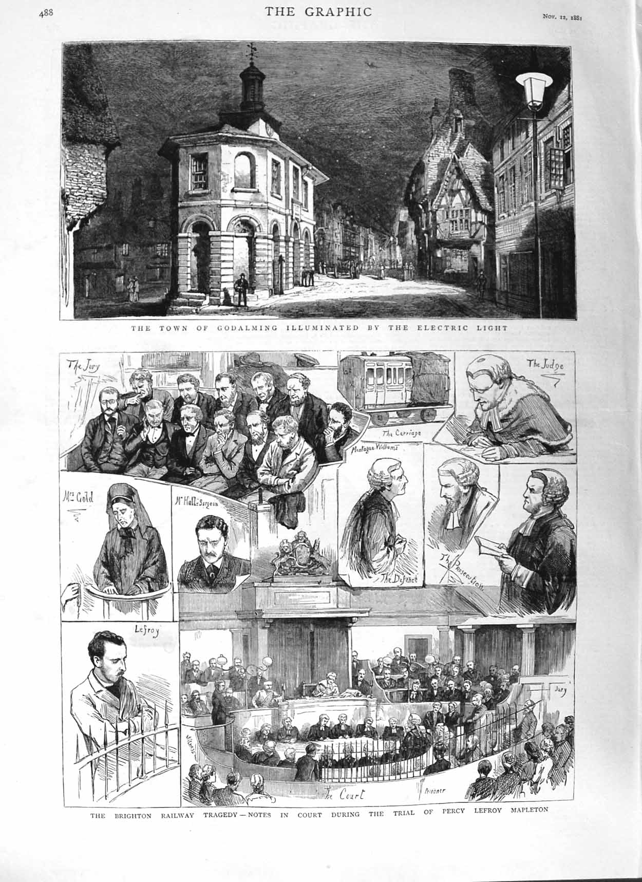 Original Old Antique Print 1881 Godalming Electric Light Brighton Court M 19th