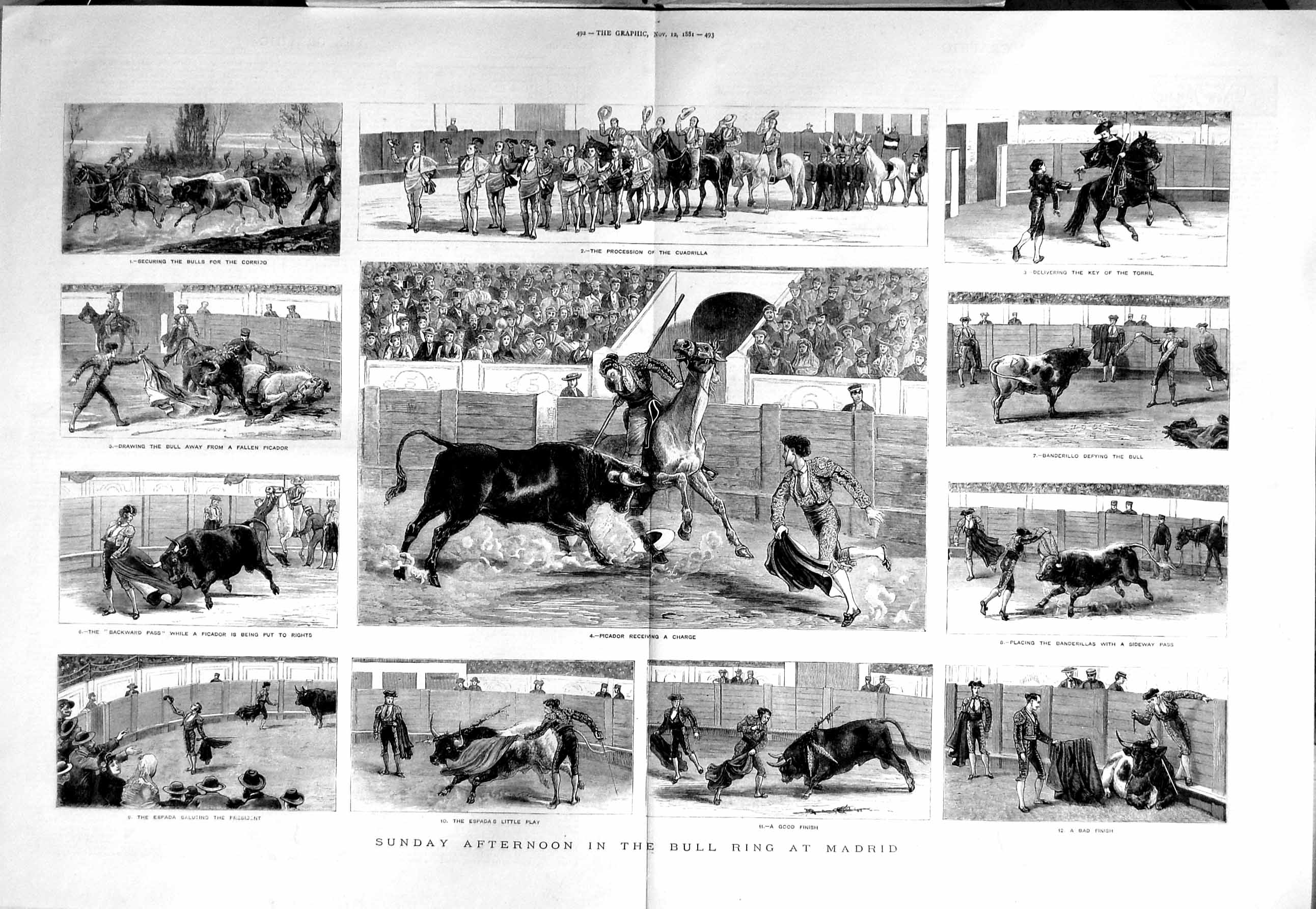 Original Old Antique Print 1881 Bull Fighting Ring Madrid Spain Picador Cu 19th