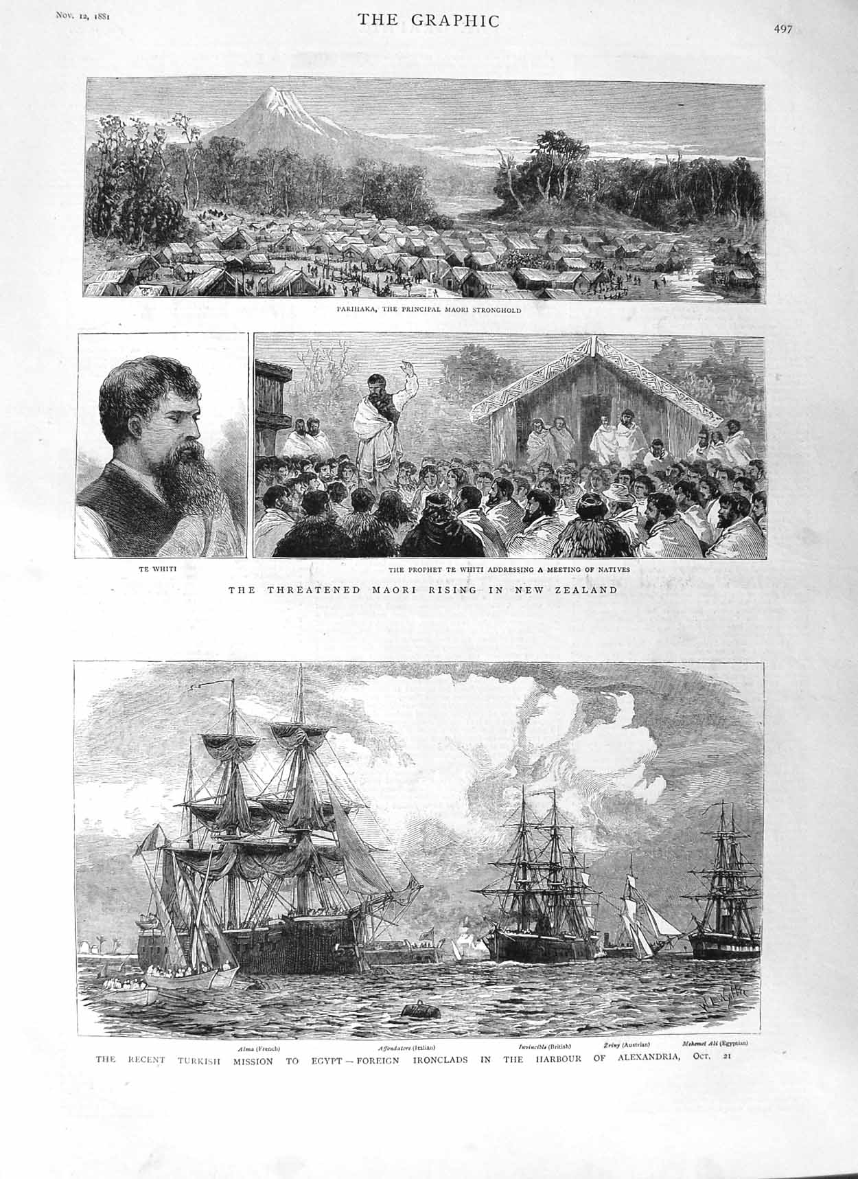 Old Antique Print 1881 Maori New Zealand Parihaka Whiti Ships Alma Zriny 19th