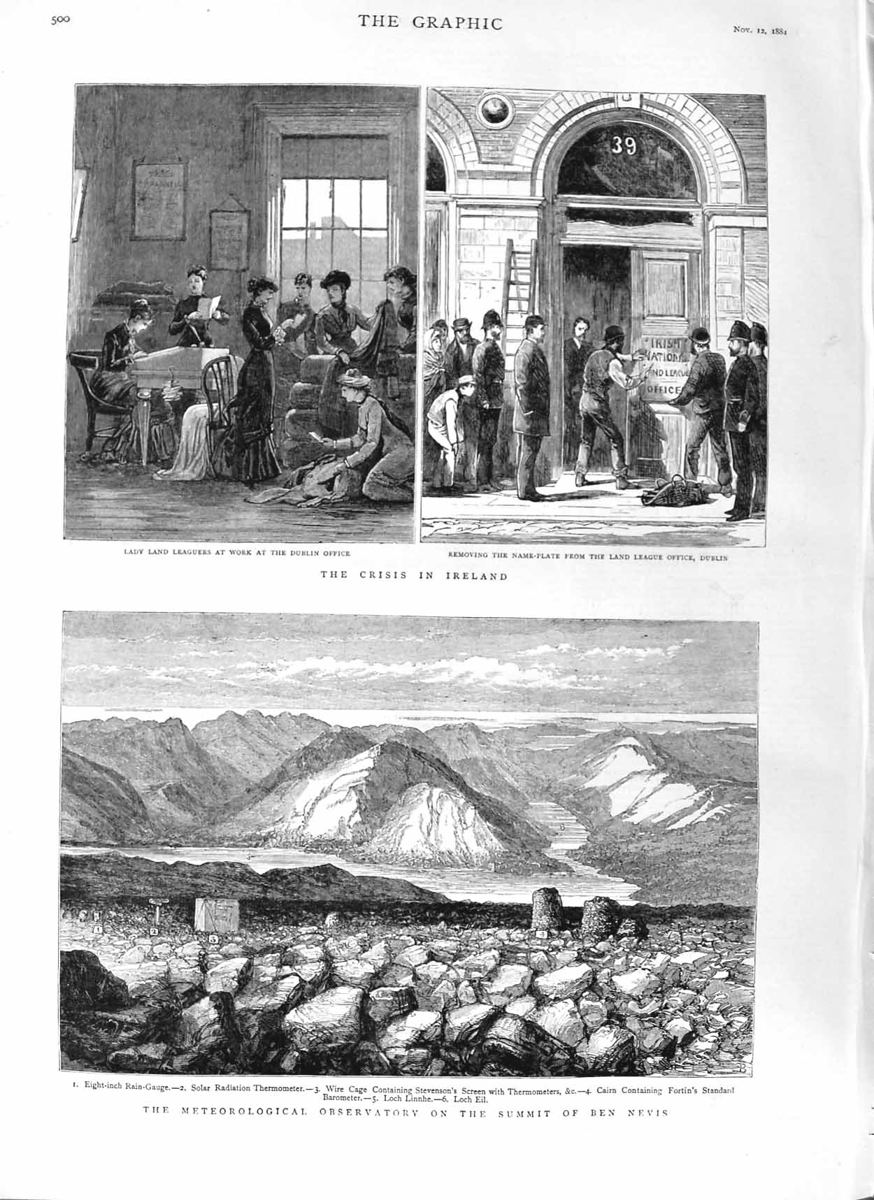 Old Antique Print 1881 Ireland Land League Observatory Ben Nevis Scotland 19th