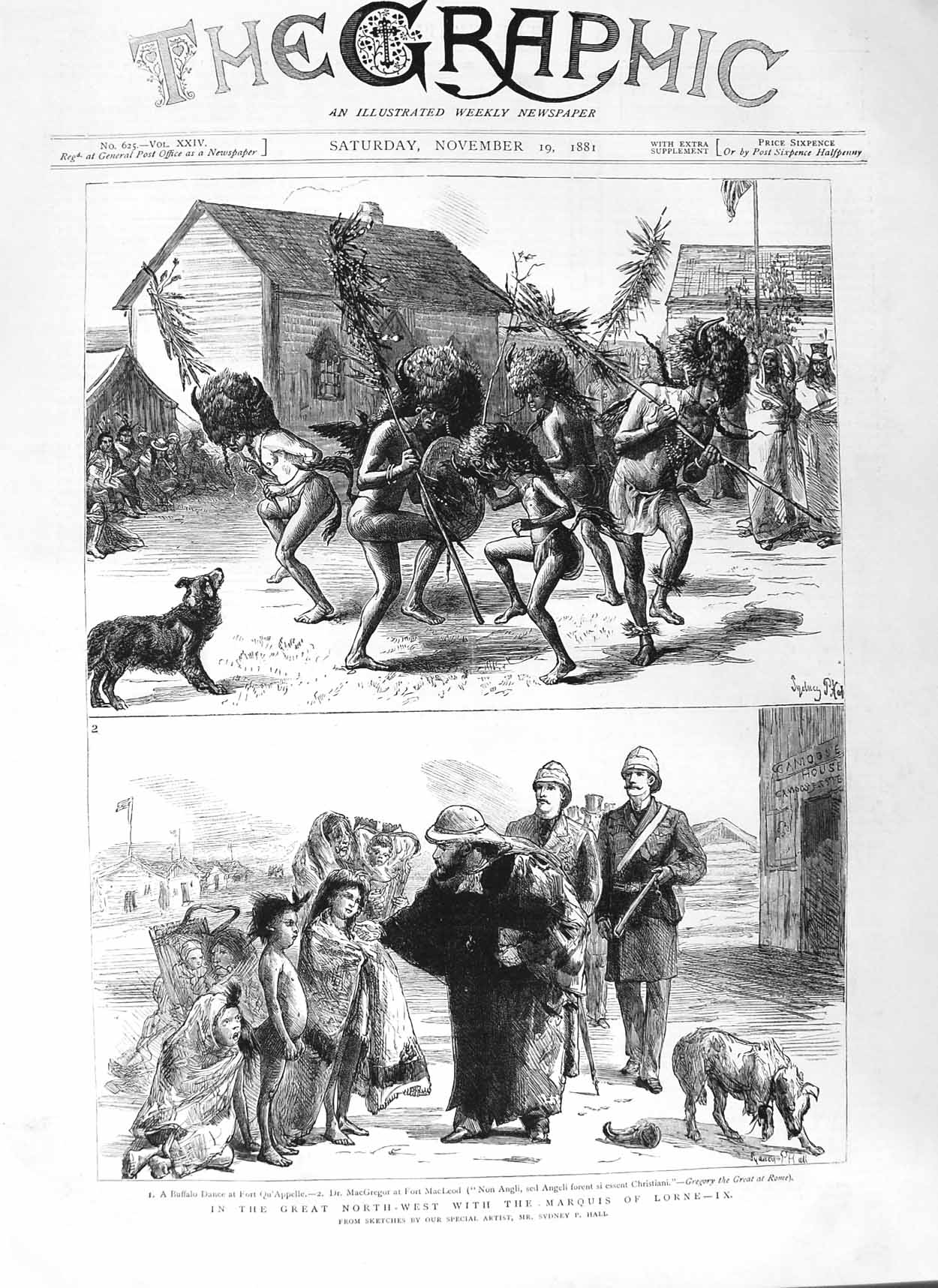 Original Old Antique Print 1881 Marquis Lorne Buffalo Dance Fort Qu' Victorian