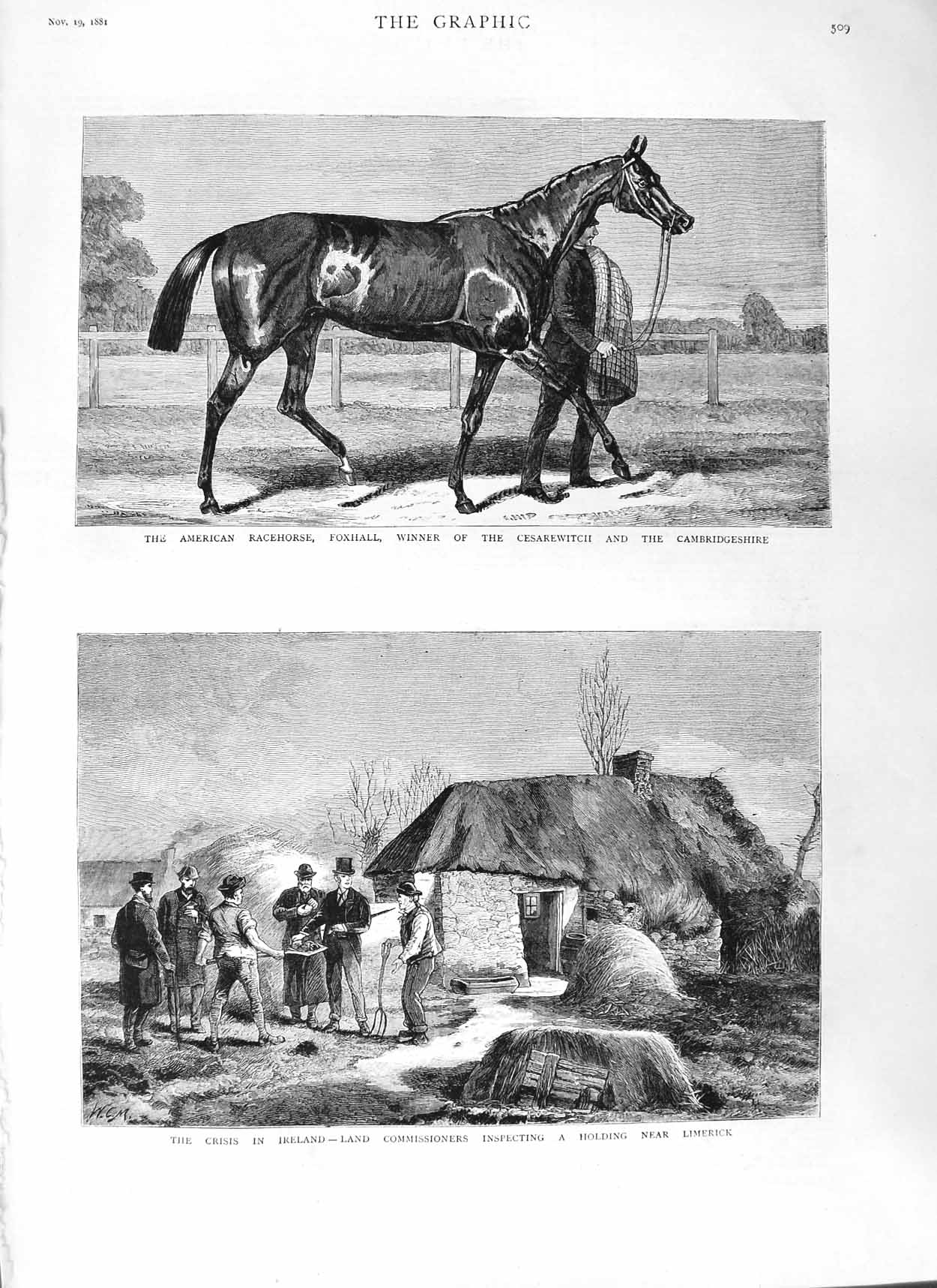 Old Antique Print 1881 American Race Horse Foxhall Ireland Limerick Farm 19th