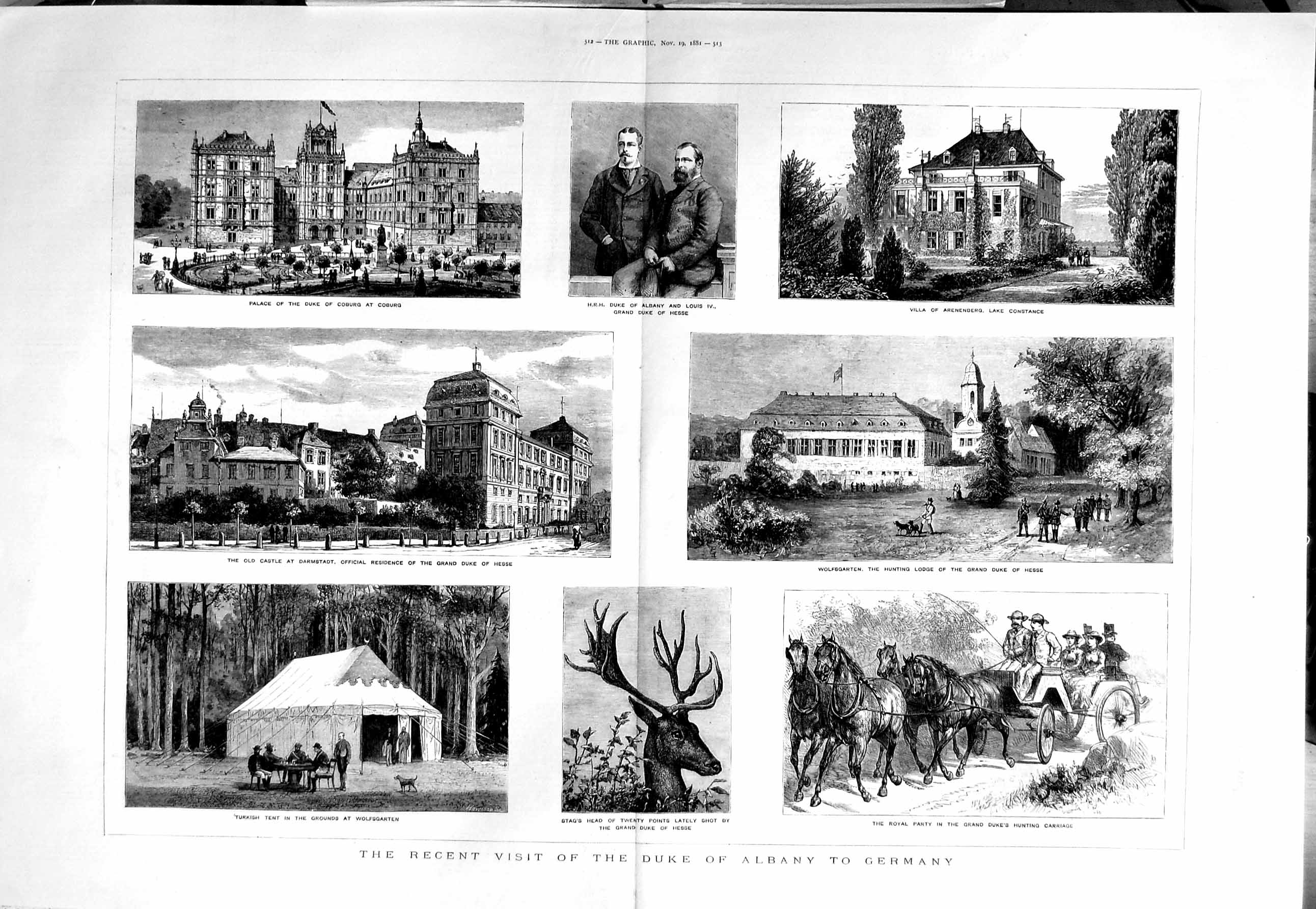 Original Old Antique Print 1881 Duke Albany Germany Wolfsgarten Castle Da 19th