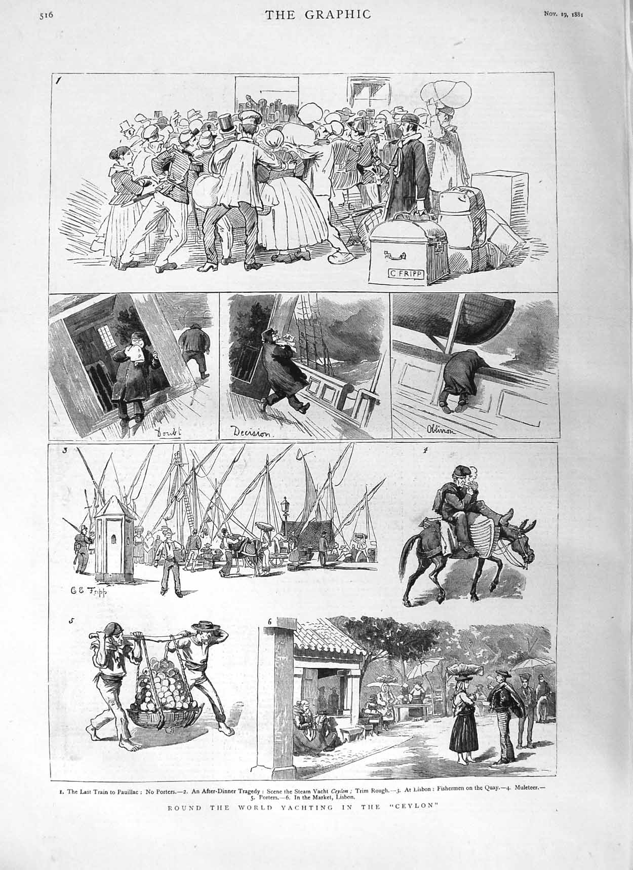 Old Antique Print 1881 Yacht Ceylon Lisbon Muleteer Market Train Pauillac 19th