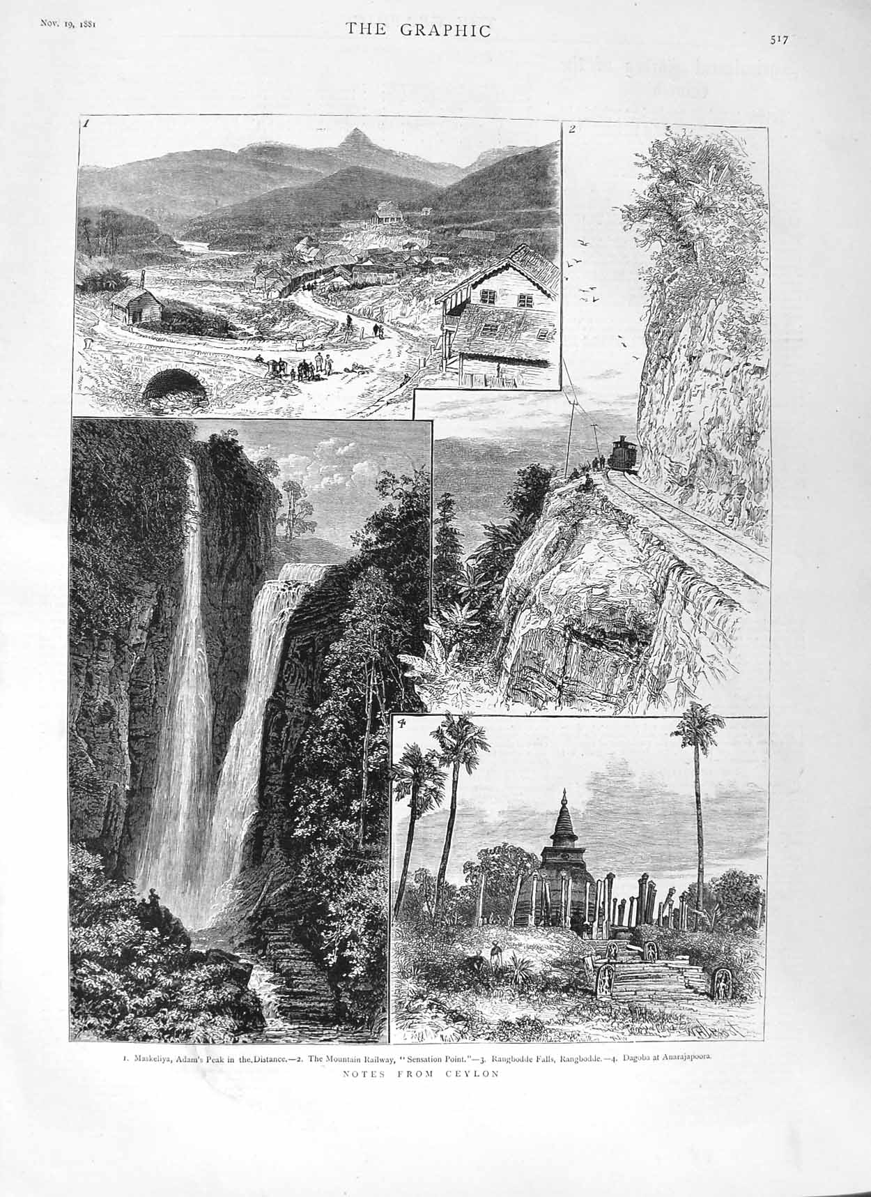 Original Old Antique Print 1881 Ceylon Maskeliya Mountain Railway Rangbodd 19th
