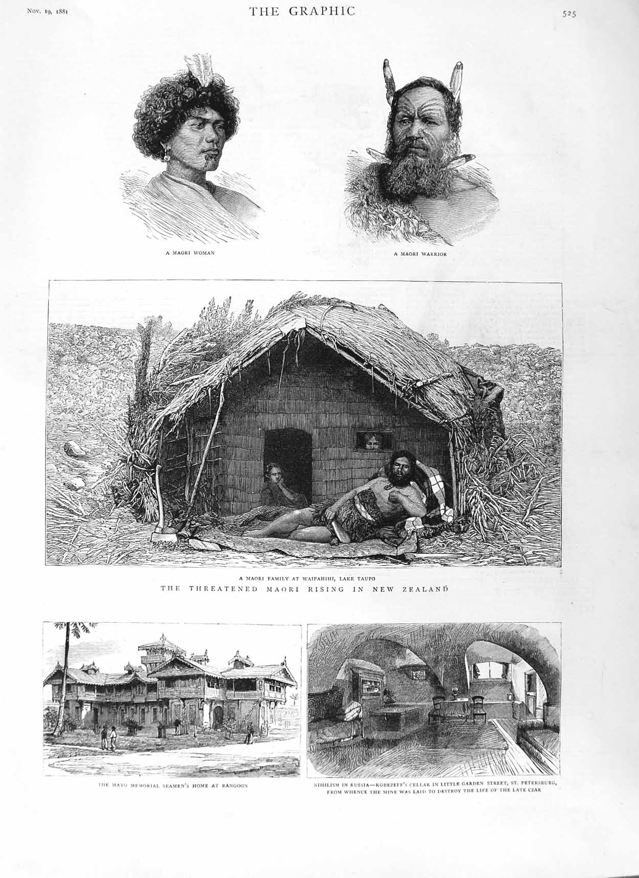 Original Old Antique Print 1881 Maori Warrior Waipahihi Lake Taupo Rango 19th