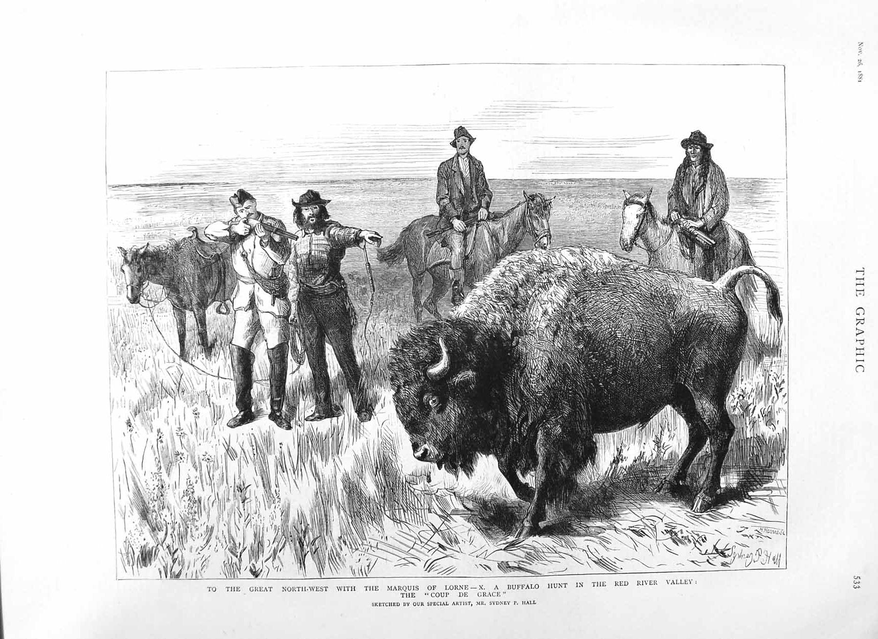 Original Old Antique Print 1881 Marquis Lorne Buffalo Hunting Red River 19th