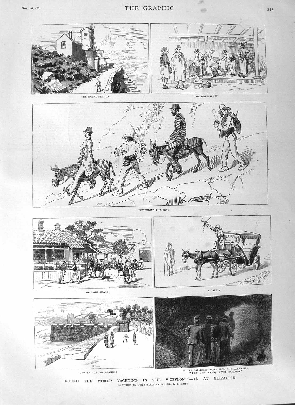Old Antique Print 1881 Yacht Ceylon Gibraltar Alameda Calesa Egg Market 19th