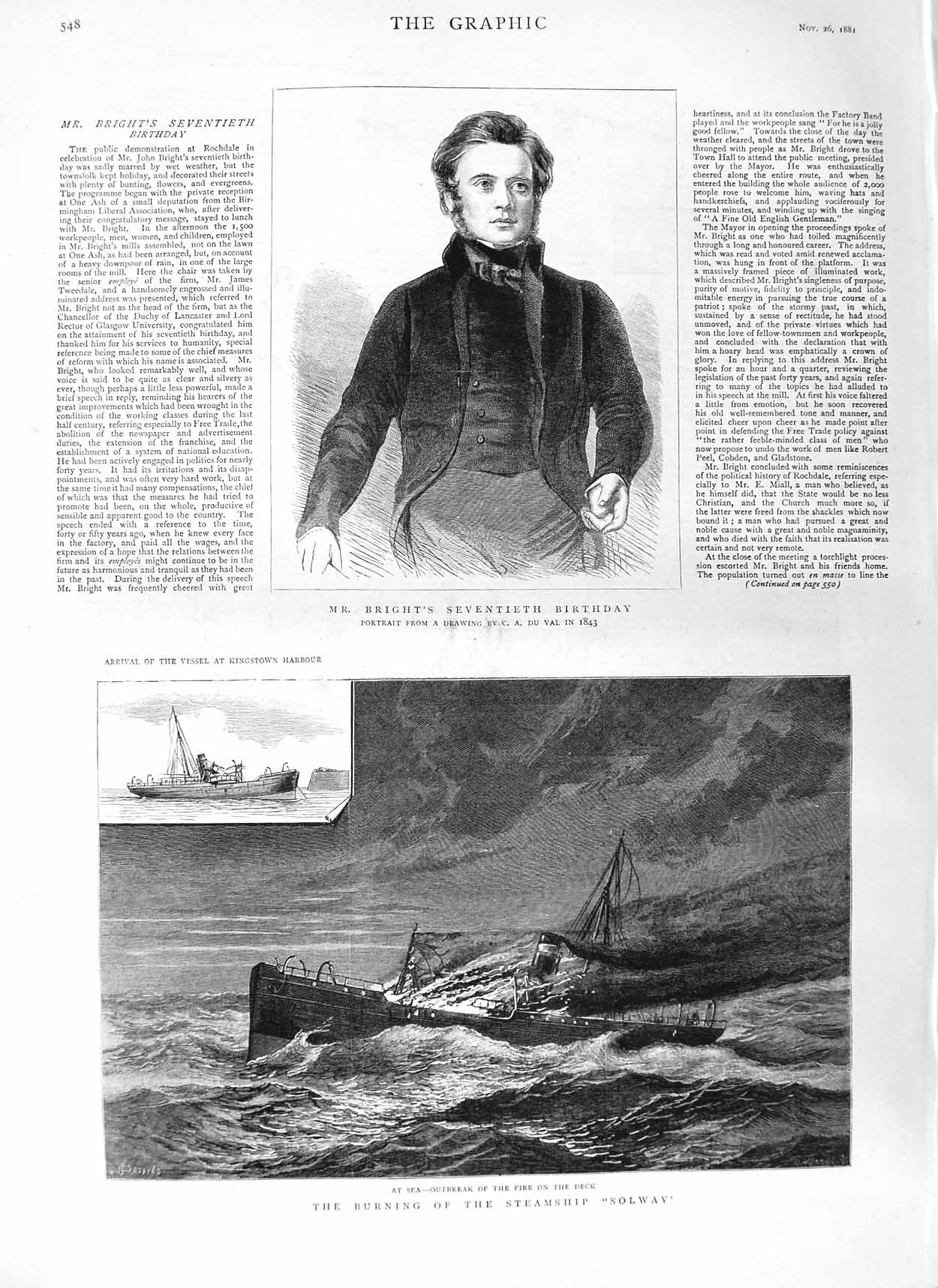 Original Old Antique Print 1881 John Bright Ship Solway Fire Kingstown Harbour