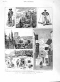 Old Antique Print 1881 Yacht Ceylon Gipsy Granada Fisherman Malaga People 19th