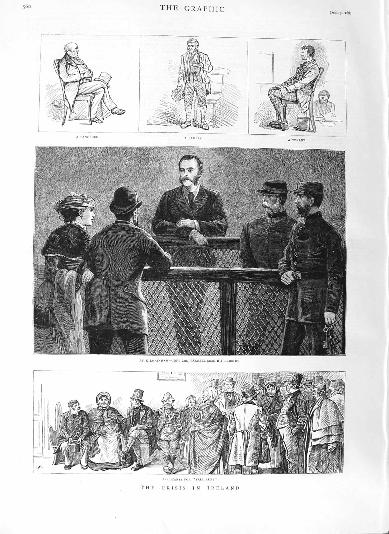 Original Old Antique Print 1881 Ireland Kilmainham Parnell Court Bailiff Tenant