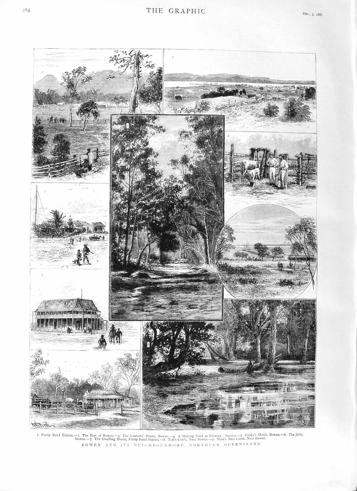 Original Old Antique Print 1881 Bowen Queensland Australia Jetty Cattle Glencoe