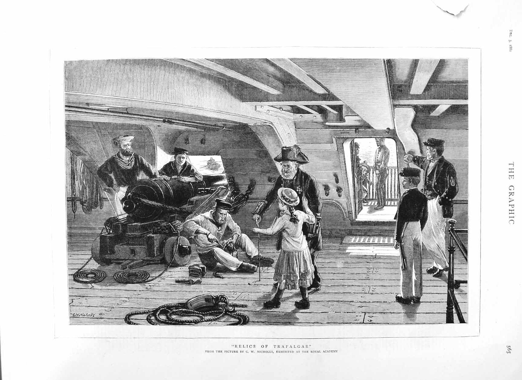 Original Old Antique Print 1881 Ship Weapons Relics Trafalgar Sailors Children