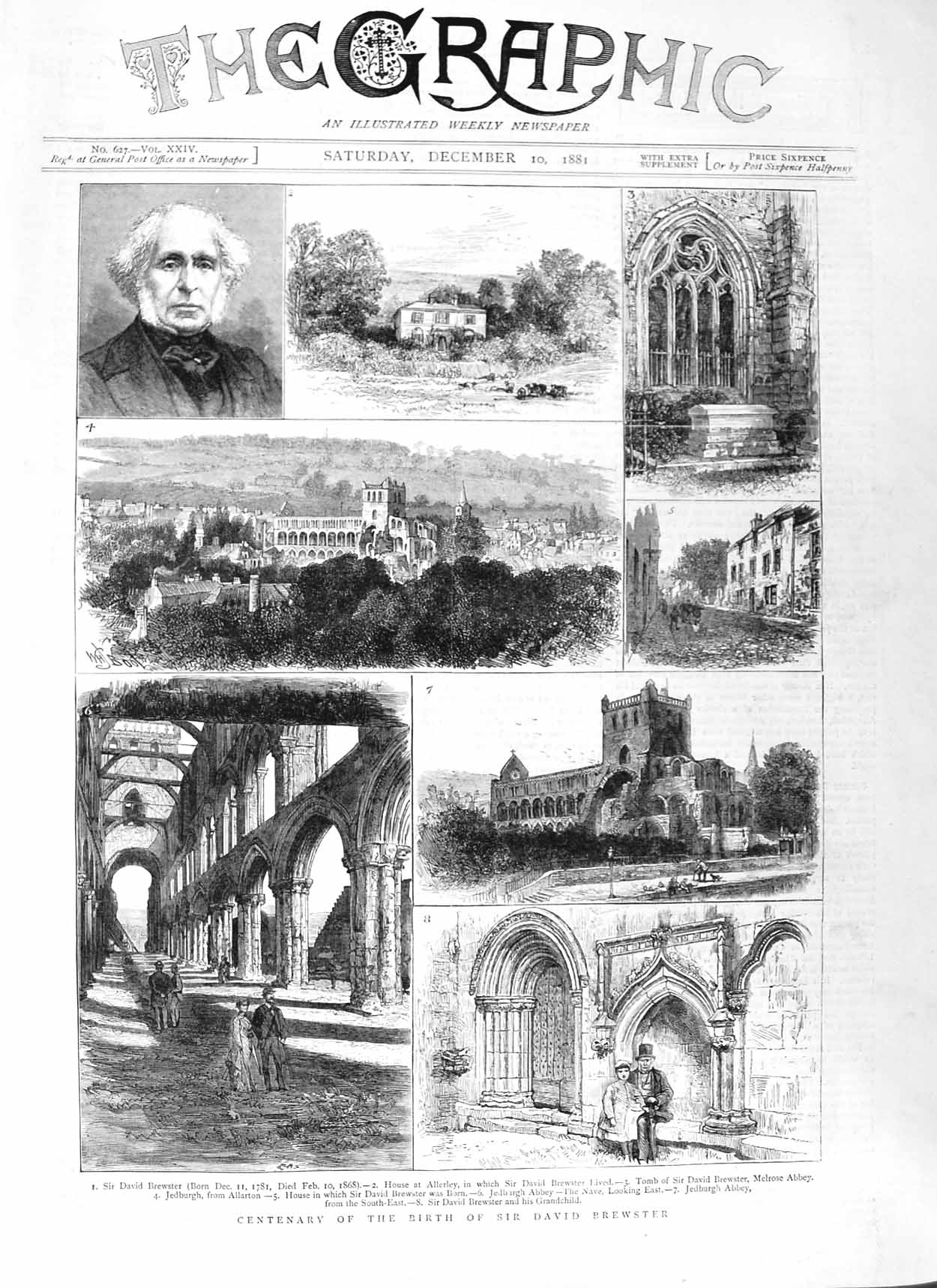 Original Old Antique Print 1881 Sir David Brewster House Allerley Melrose Abbey