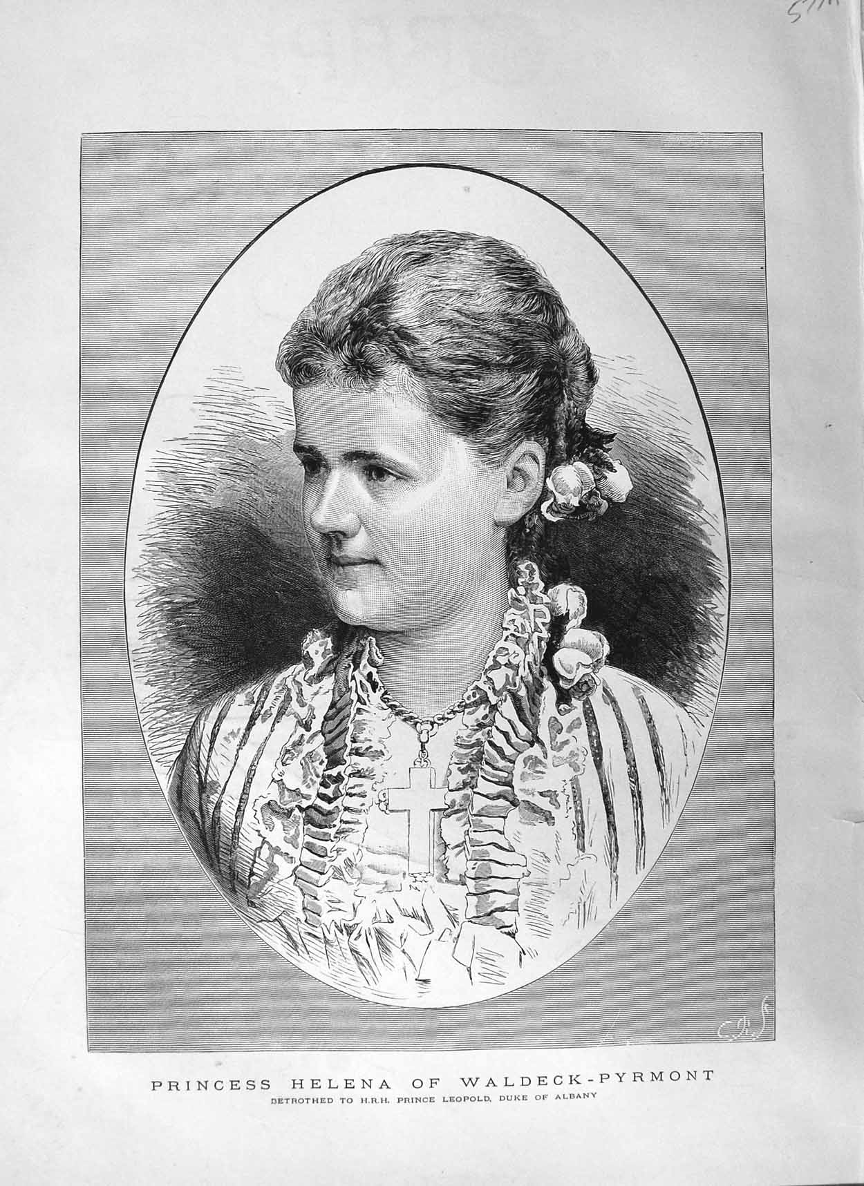 Original Old Antique Print 1881 Portrait Princess Helena Waldeck-Pyrmont 19th