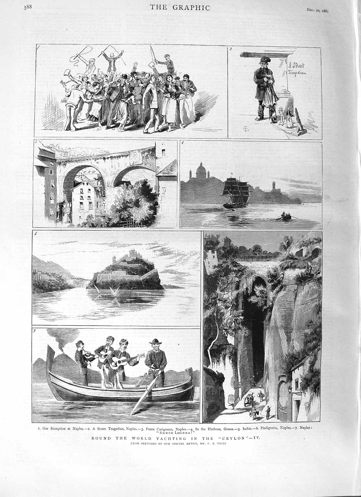 Old Antique Print 1881 Yacht Ceylon Naples Ponte Carignano Harbour Genoa 19th