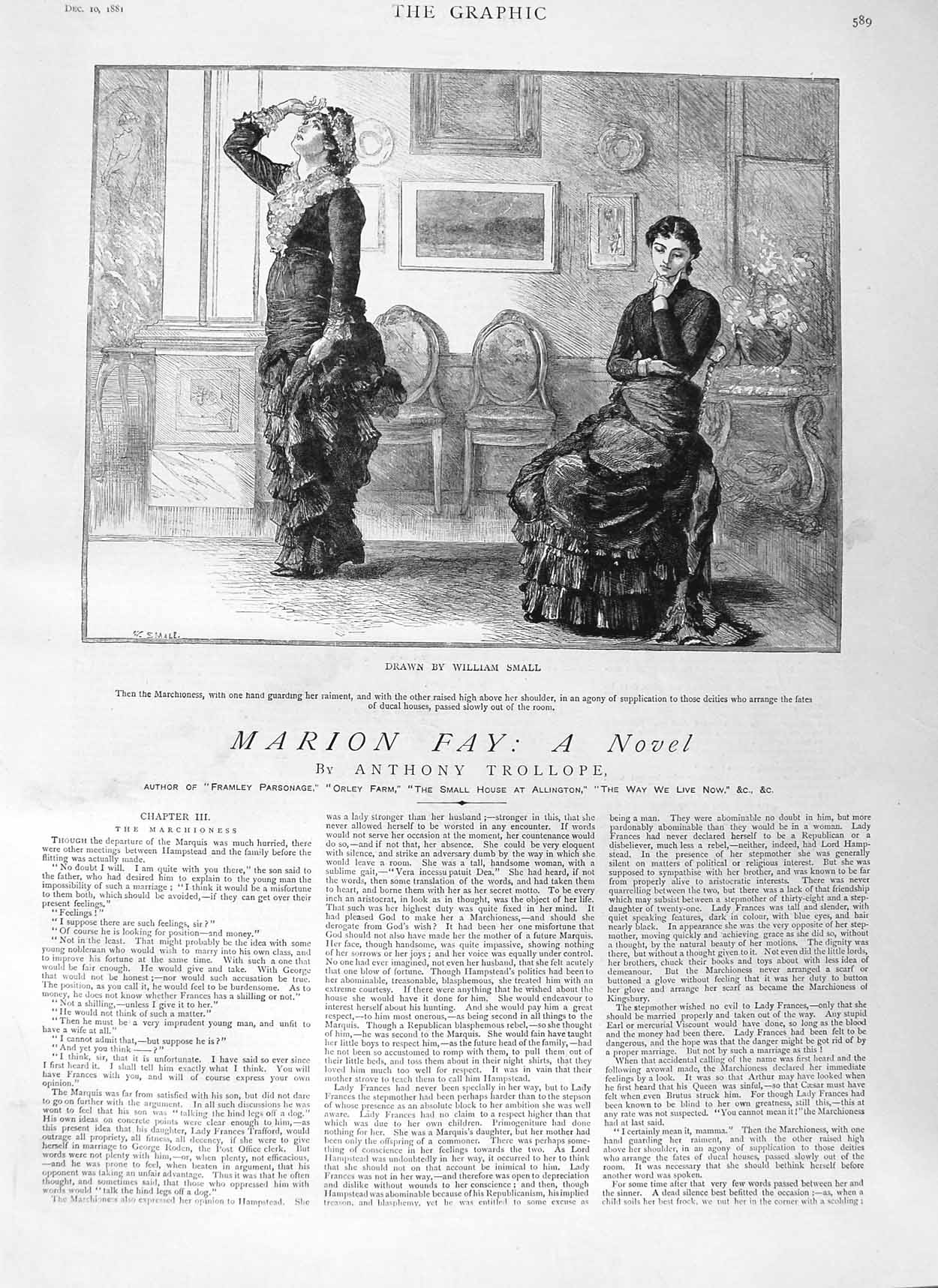 Original Old Antique Print 1881 Illustration Story Marion Fay Marchioness Small
