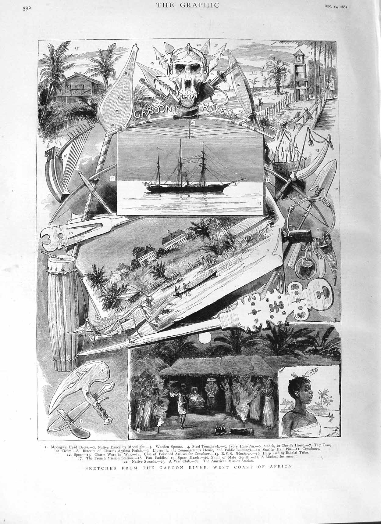 Old Antique Print 1881 Gaboon River Africa Mpongwe Mantis Tomahawk Ship 19th