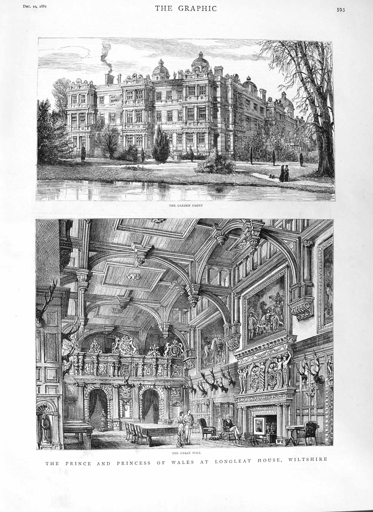 Old Print Ref.302 1881 Prince Wales Longleat House Wiltshire Architecture