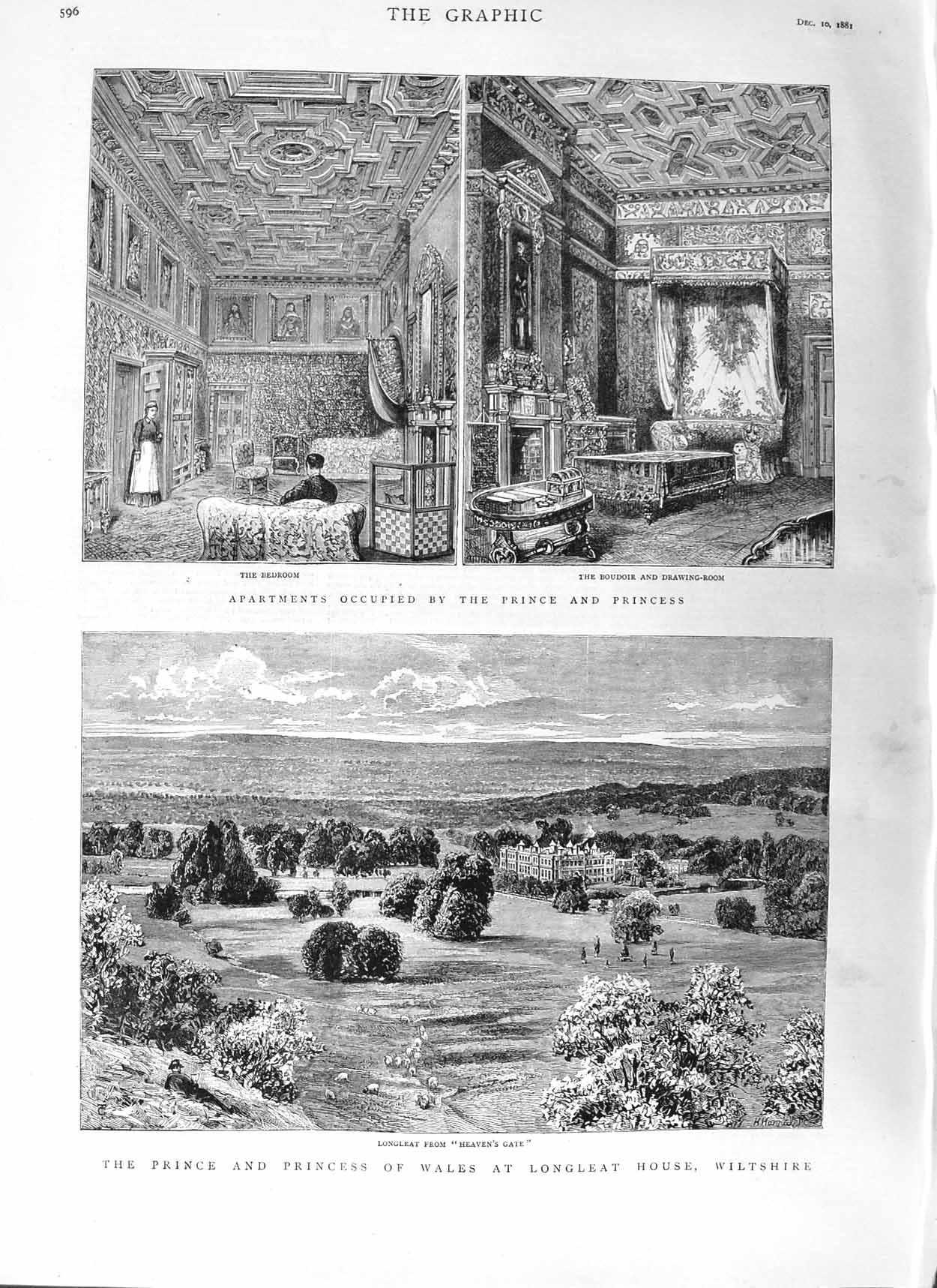 Old Antique Print 1881 Prince Wales Longleat House Wiltshire Apartments 19th