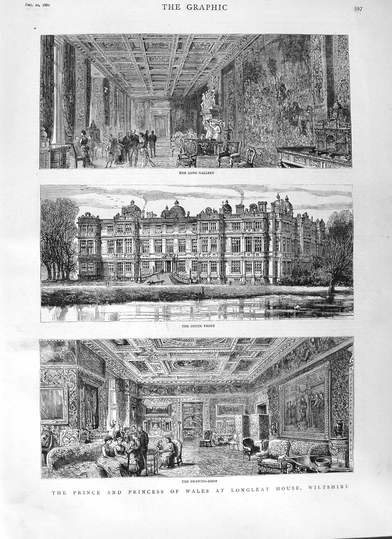 Old Antique Print 1881 Prince Wales Longleat House Wiltshire Architecture 19th