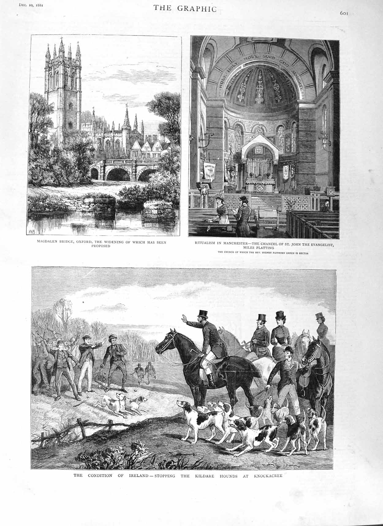 Old Antique Print 1881 Magdalen Bridge Oxford Evangelist Church Ireland 19th