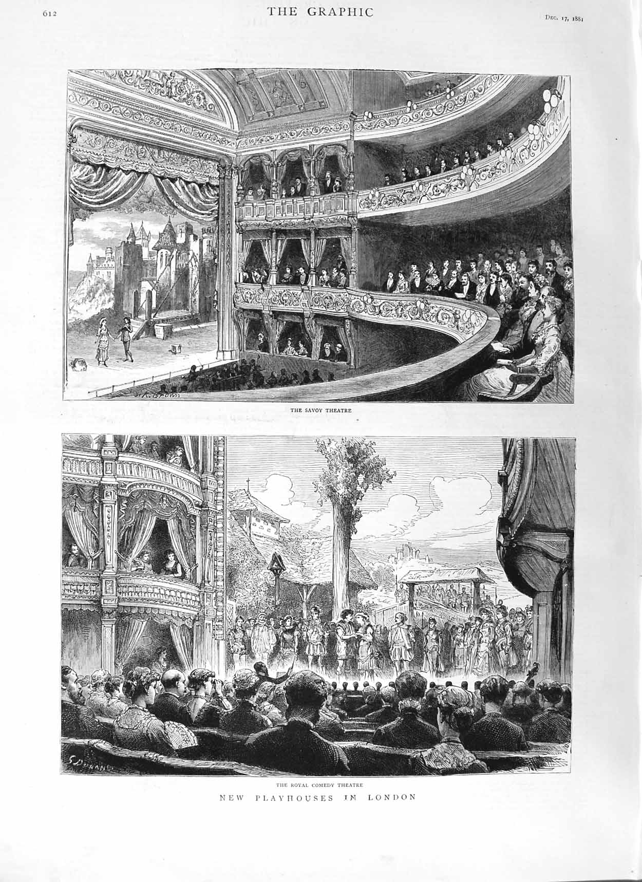 Original Old Antique Print 1881 New Playhouses London Royal Comedy Theatr 19th