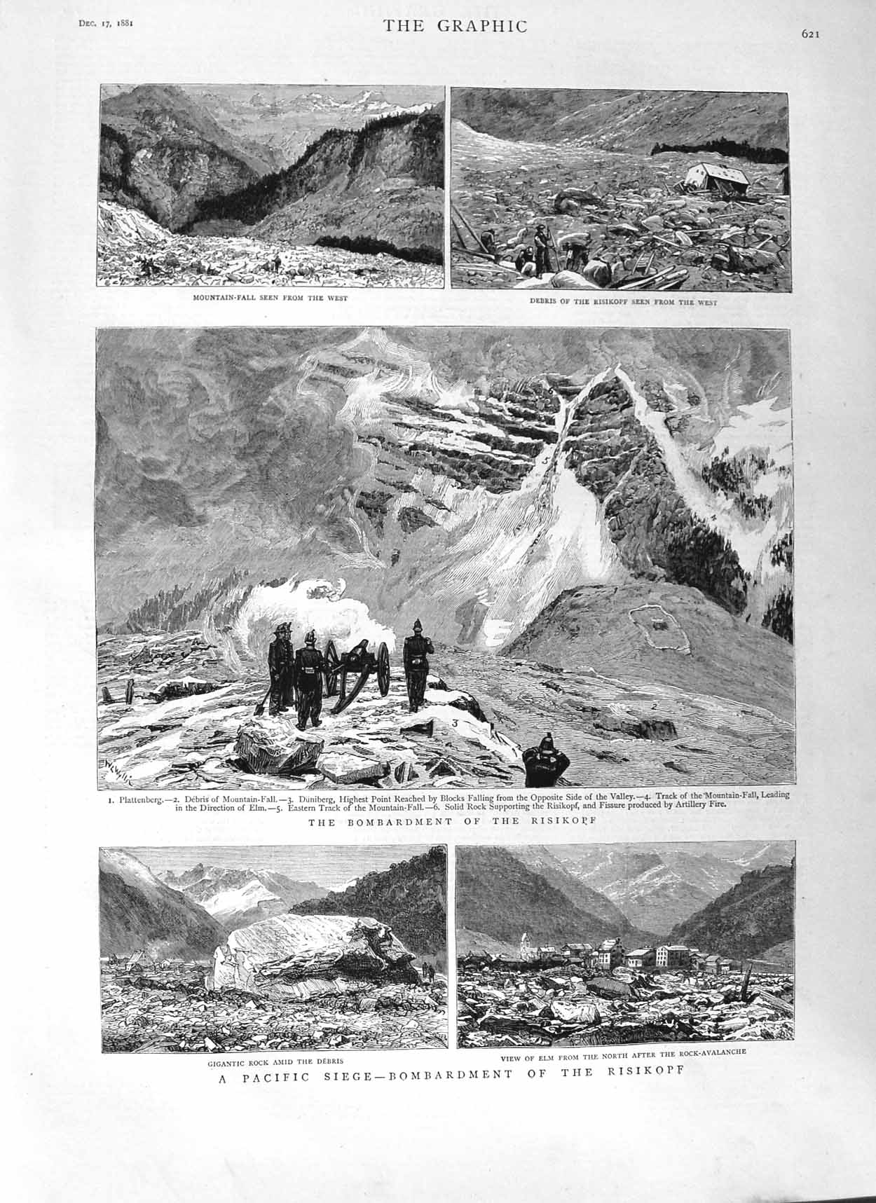 Original Old Antique Print 1881 Bombardment Risikopf Mountains Elm Plattenberg
