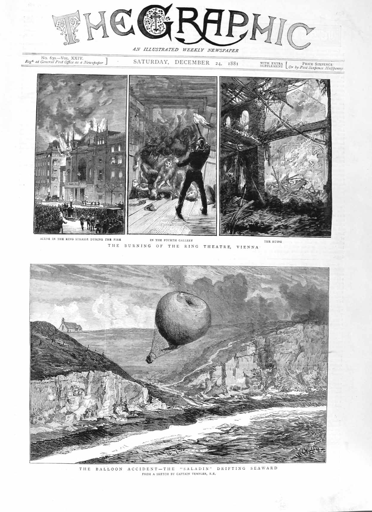 Old Antique Print 1881 Ring Theatre Vienna Fire Balloon Accident Saladin 19th