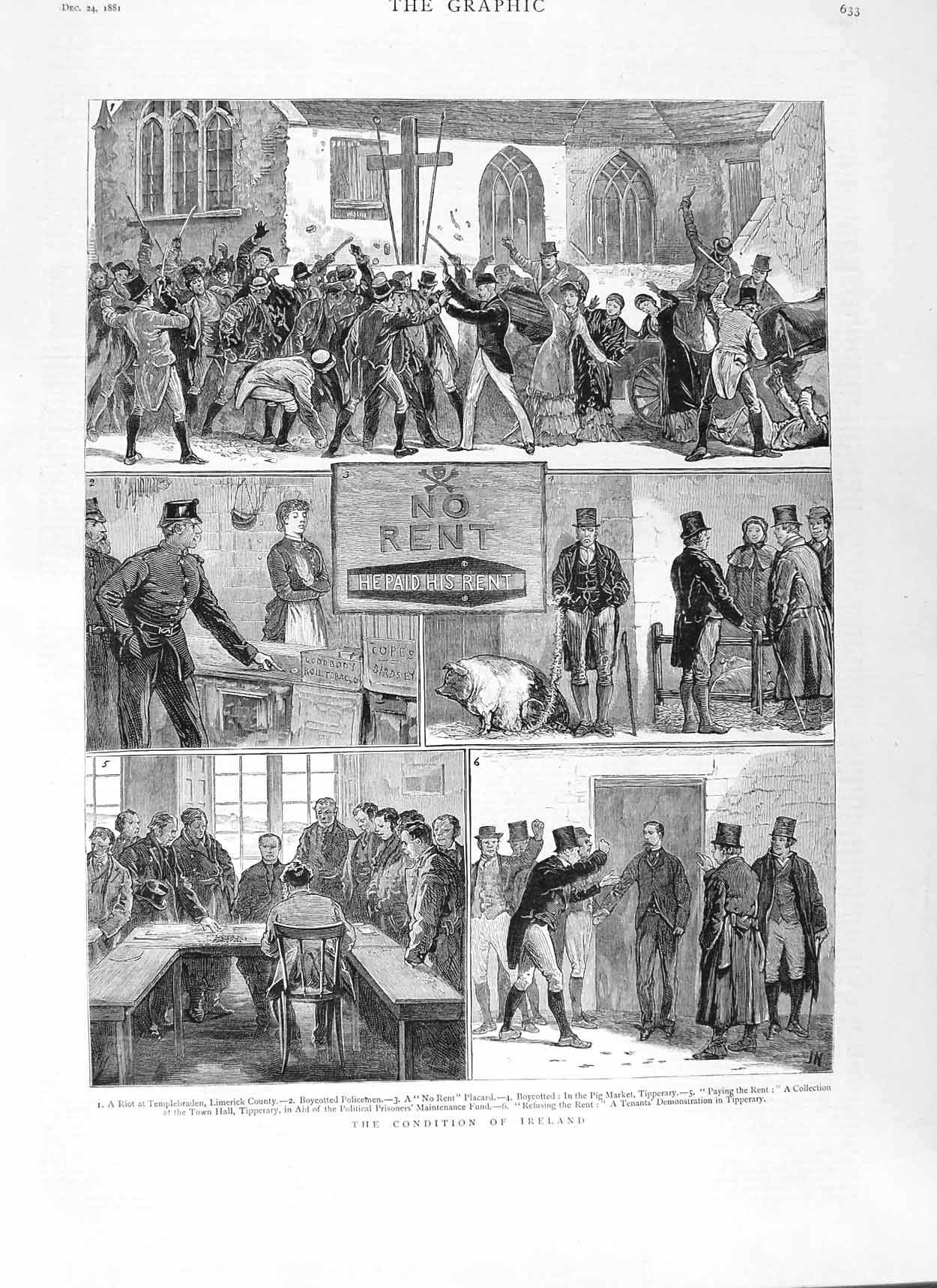 Original Old Antique Print 1881 Ireland Limerick Pig Market Tipperary To 19th