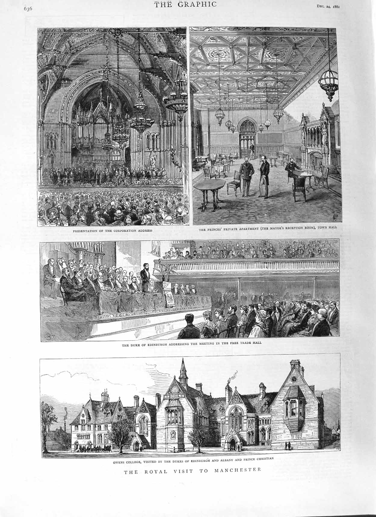 Old Antique Print 1881 Manchester Duke Edinburgh Owens College Trade Hall 19th