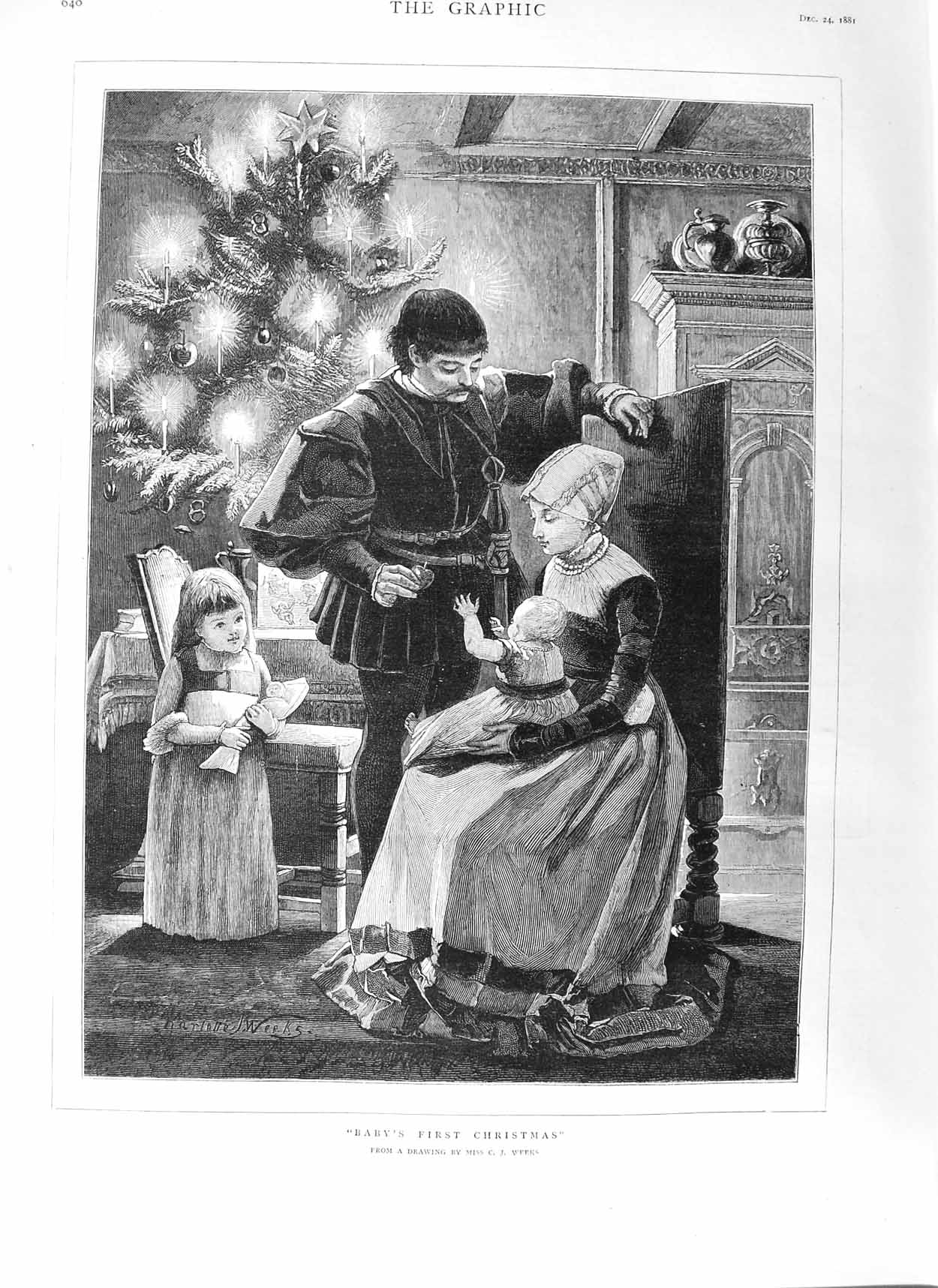Original Old Antique Print 1881 Christmas Baby Family Children Tree Weeks 19th