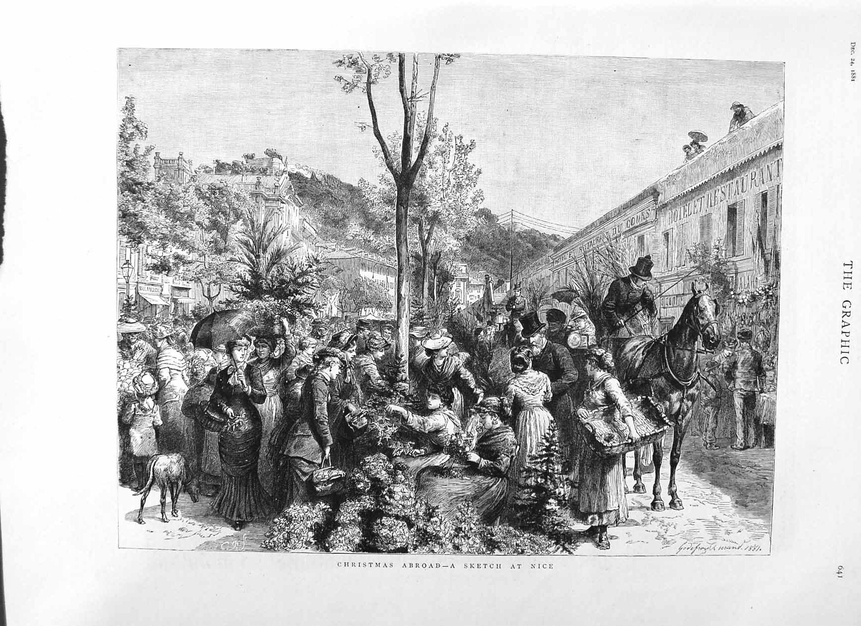 Original Old Antique Print 1881 Christmas Nice France Flower Sellers Horses