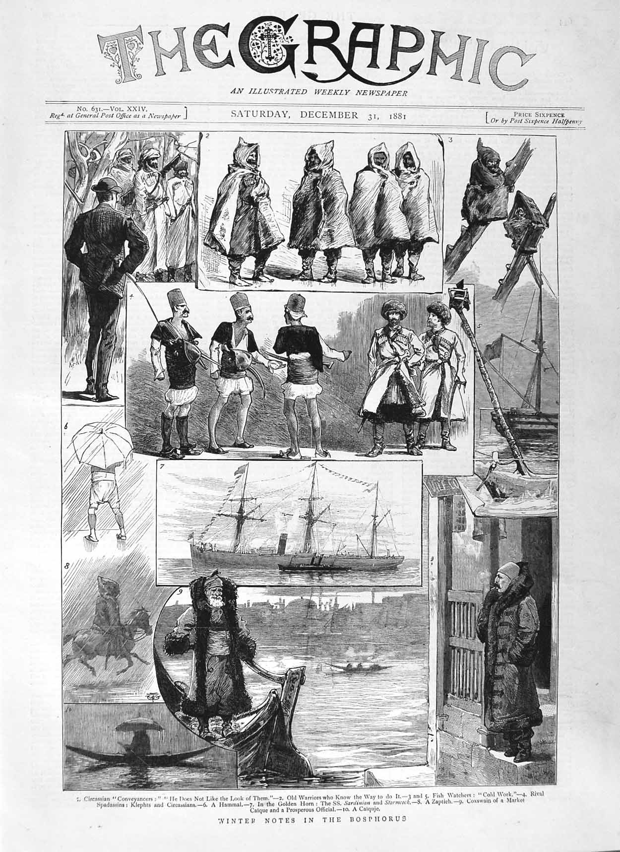 Original Old Antique Print 1881 Bosphorus Circassian Warriors Ship Sa Victorian