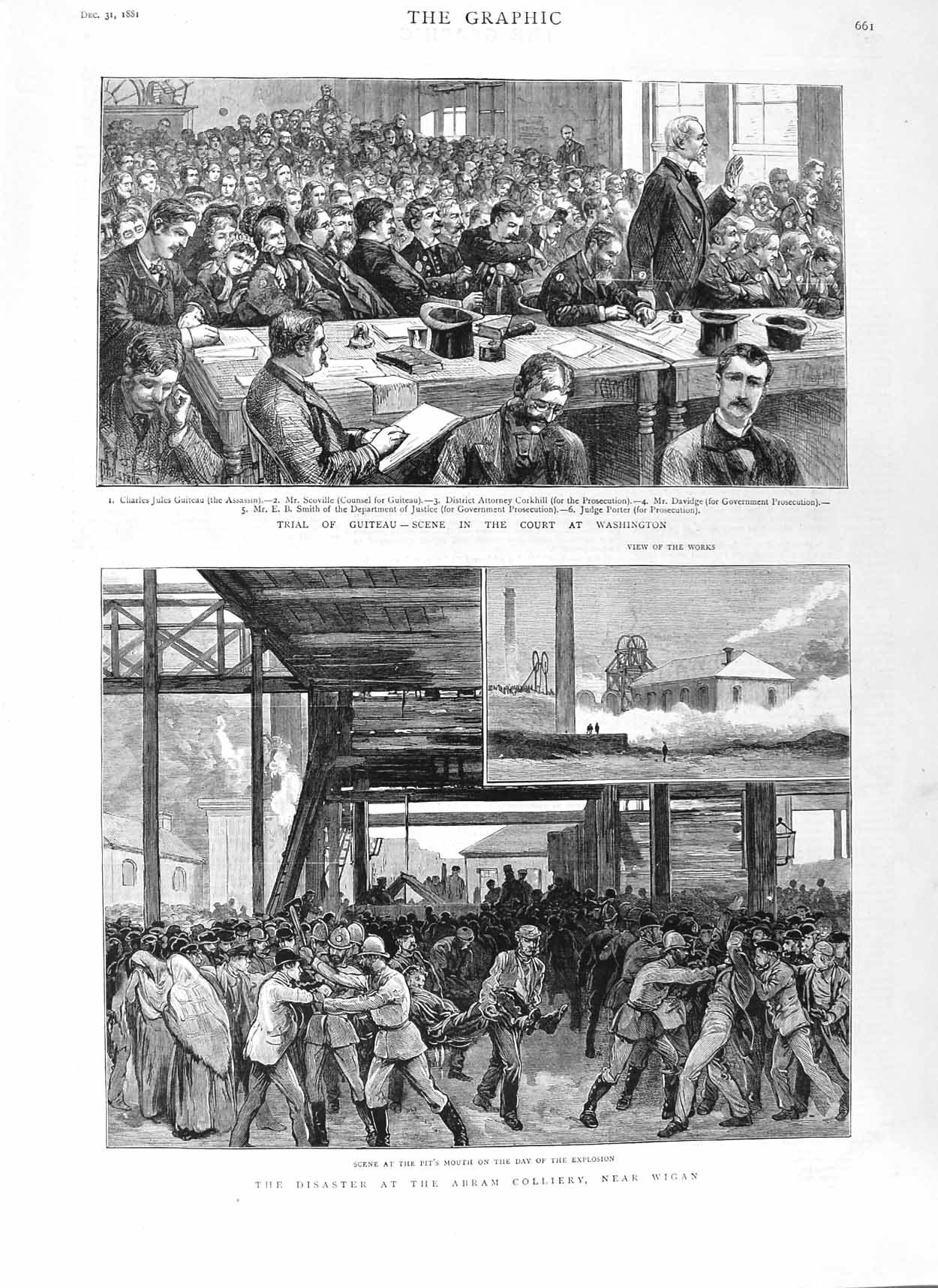 Old Antique Print 1881 Court Guiteau Washington Abram Colliery Wigan Mine 19th
