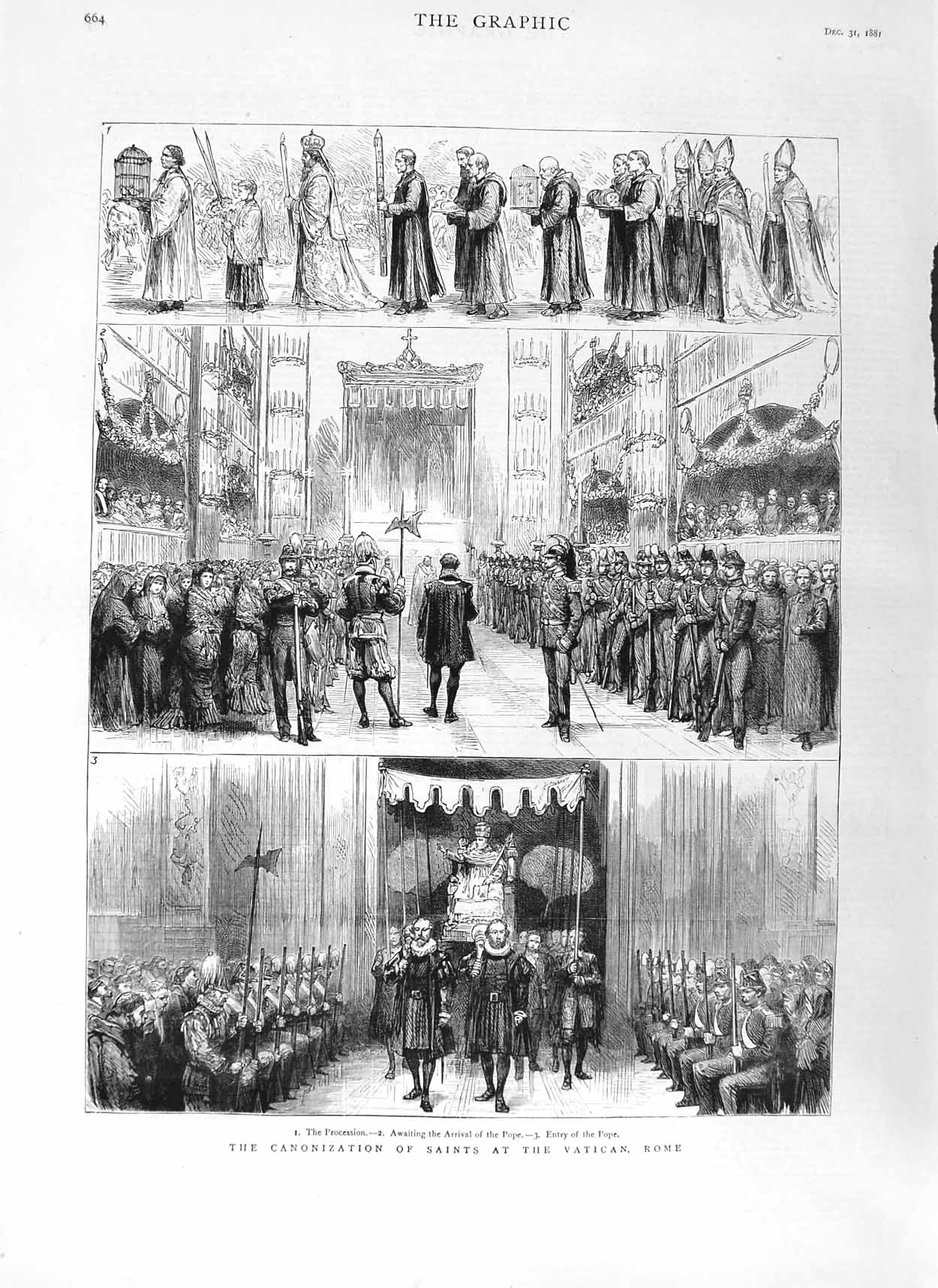 Antique Old Print *3082 1881 Canonization Saints Vatican Rome Pope Procession