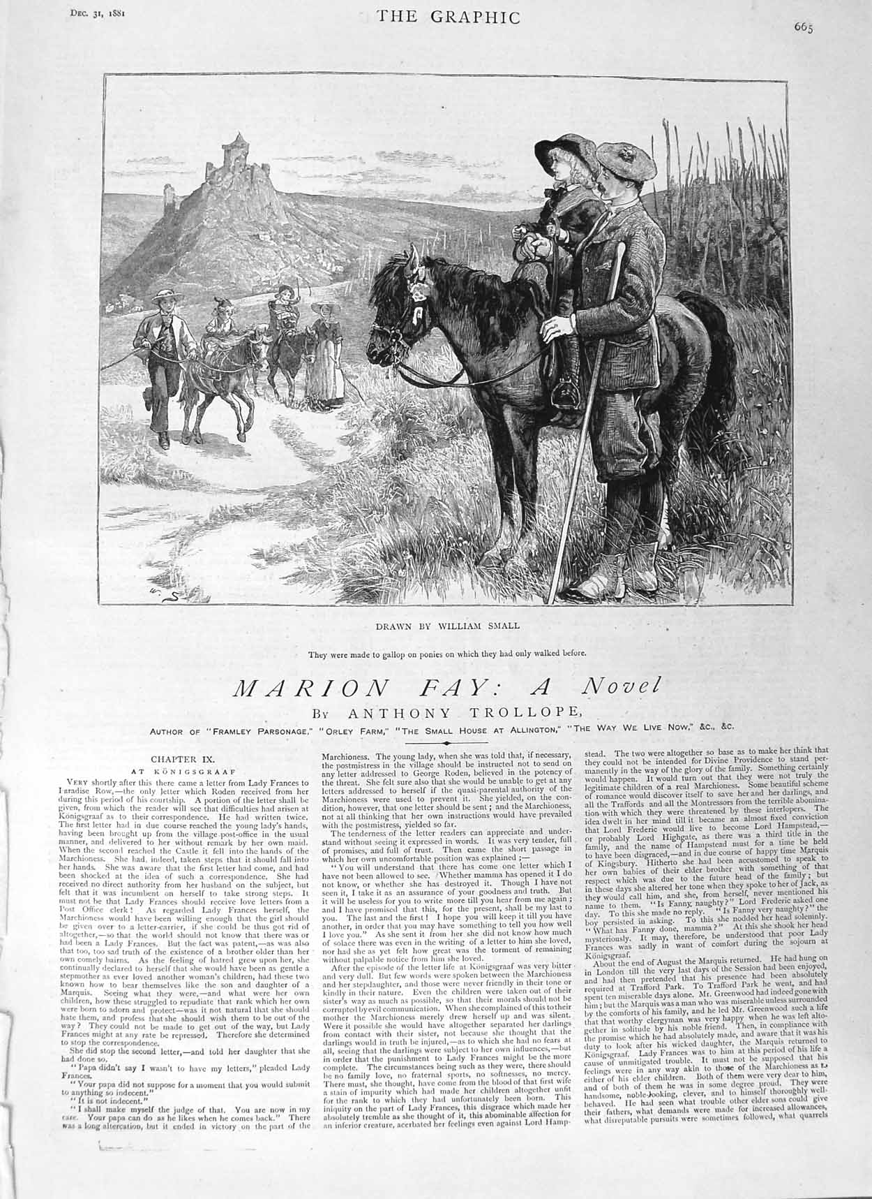 Original Old Antique Print 1881 William Small Little Girl Horse Ponies 19th