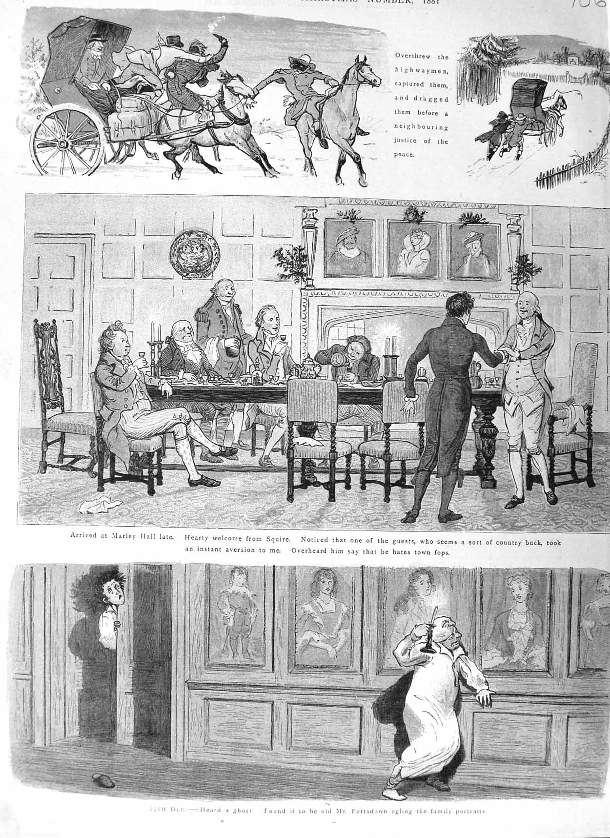 Original Old Antique Print 1881 Christmas Marley Hall Horses Coach Snow Table